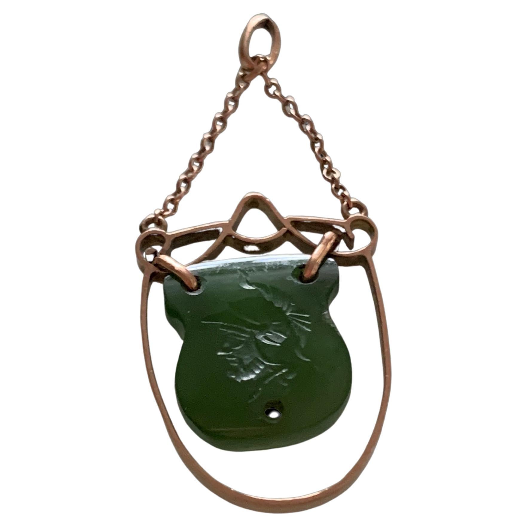 Antique 9ct Gold Jade etched Medallion pendant  For Sale