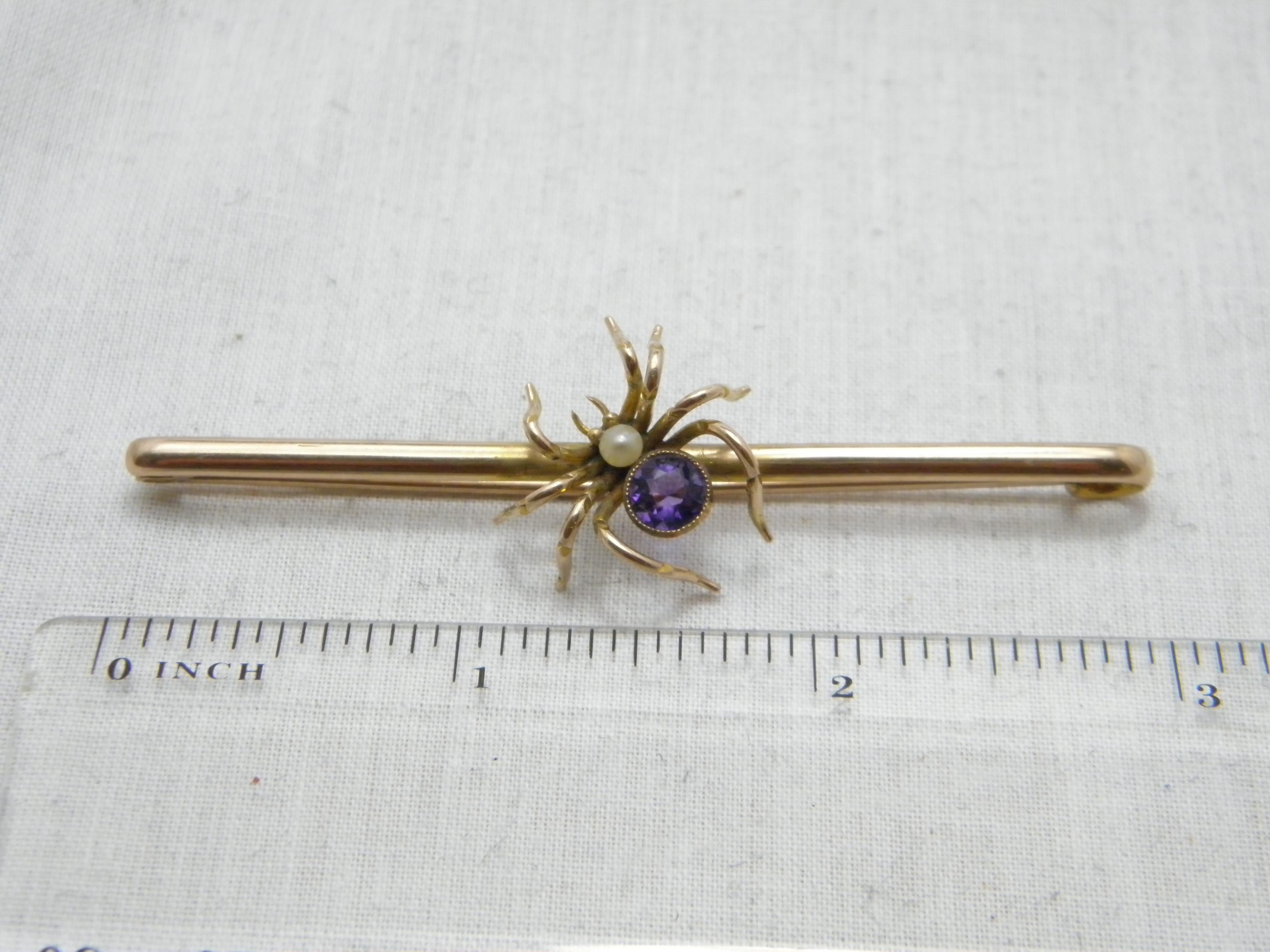 Antique 9ct Gold Large Amethyst Pearl Spider Bug Brooch Pin c1860 Heavy 6.4g 375 For Sale 5