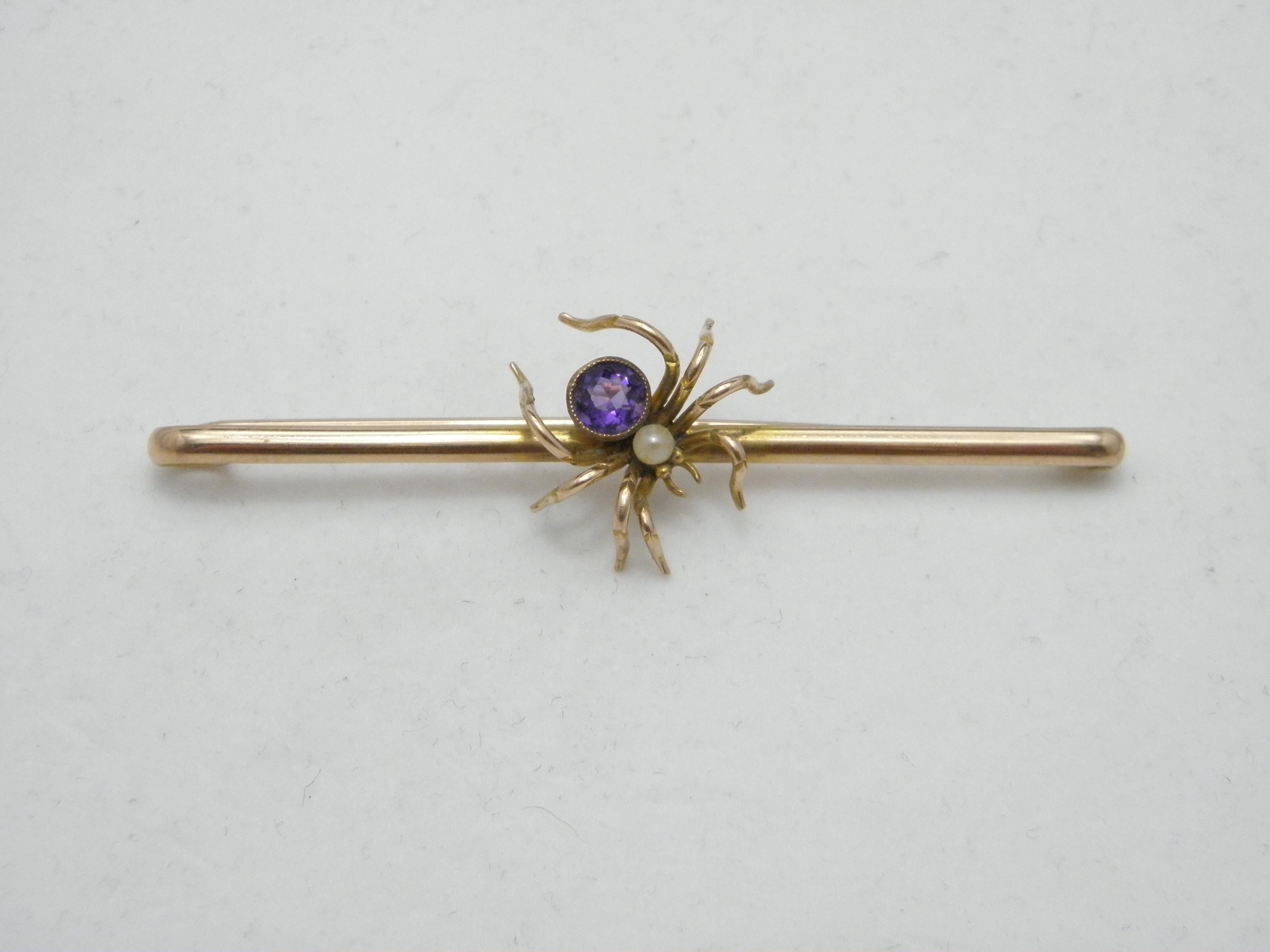 If you have landed on this page then you have an eye for beauty.

On offer is this gorgeous

9CT HEAVY GOLD AMETHYST AND PEARL SPIDER BAR BROOCH

DETAILS
Material: 9ct (375/000) Solid Heavy Rosey Yellow Gold
Style: Classic Victorian Bug Brooch,
