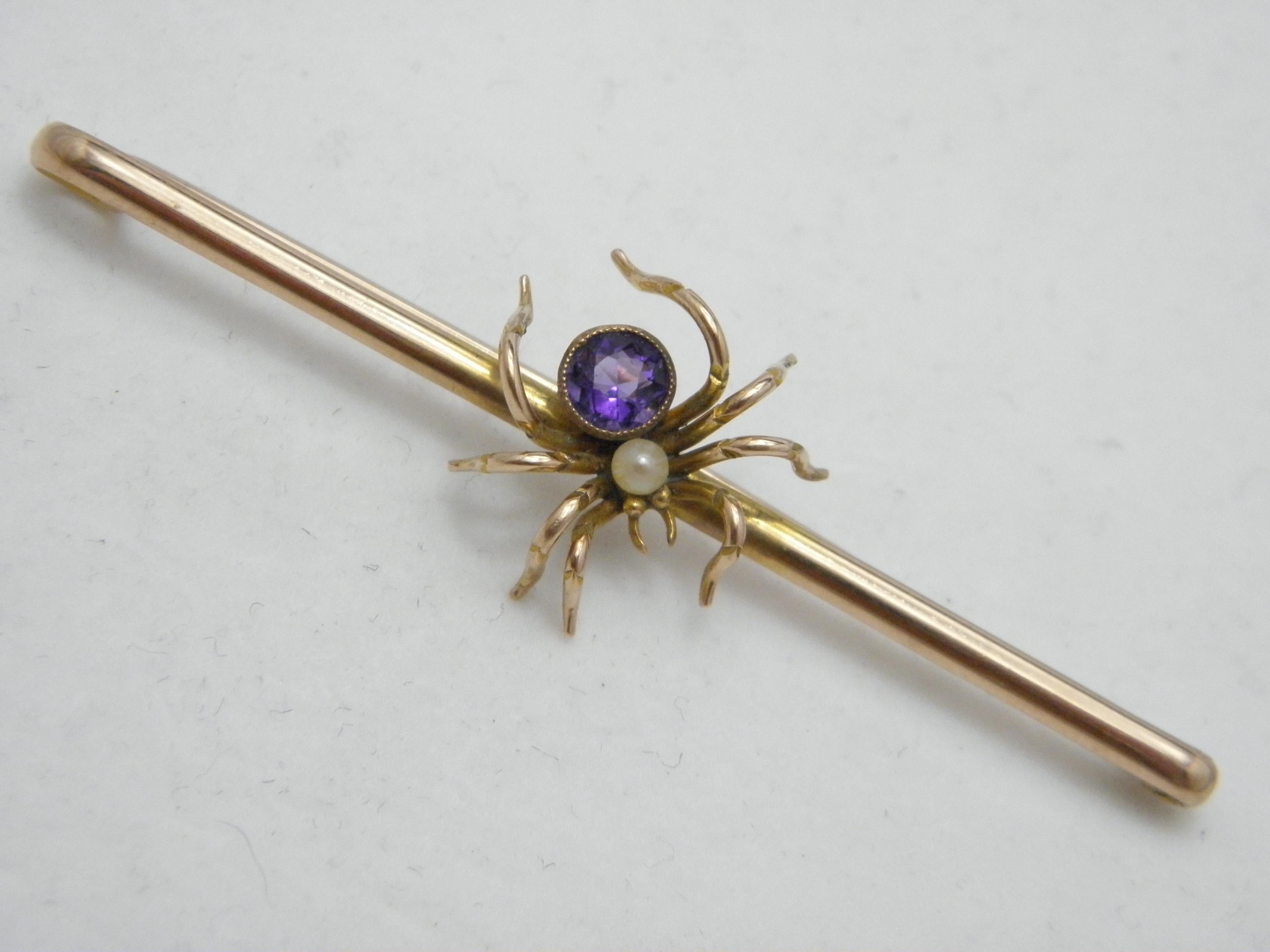 Victorian Antique 9ct Gold Large Amethyst Pearl Spider Bug Brooch Pin c1860 Heavy 6.4g 375 For Sale