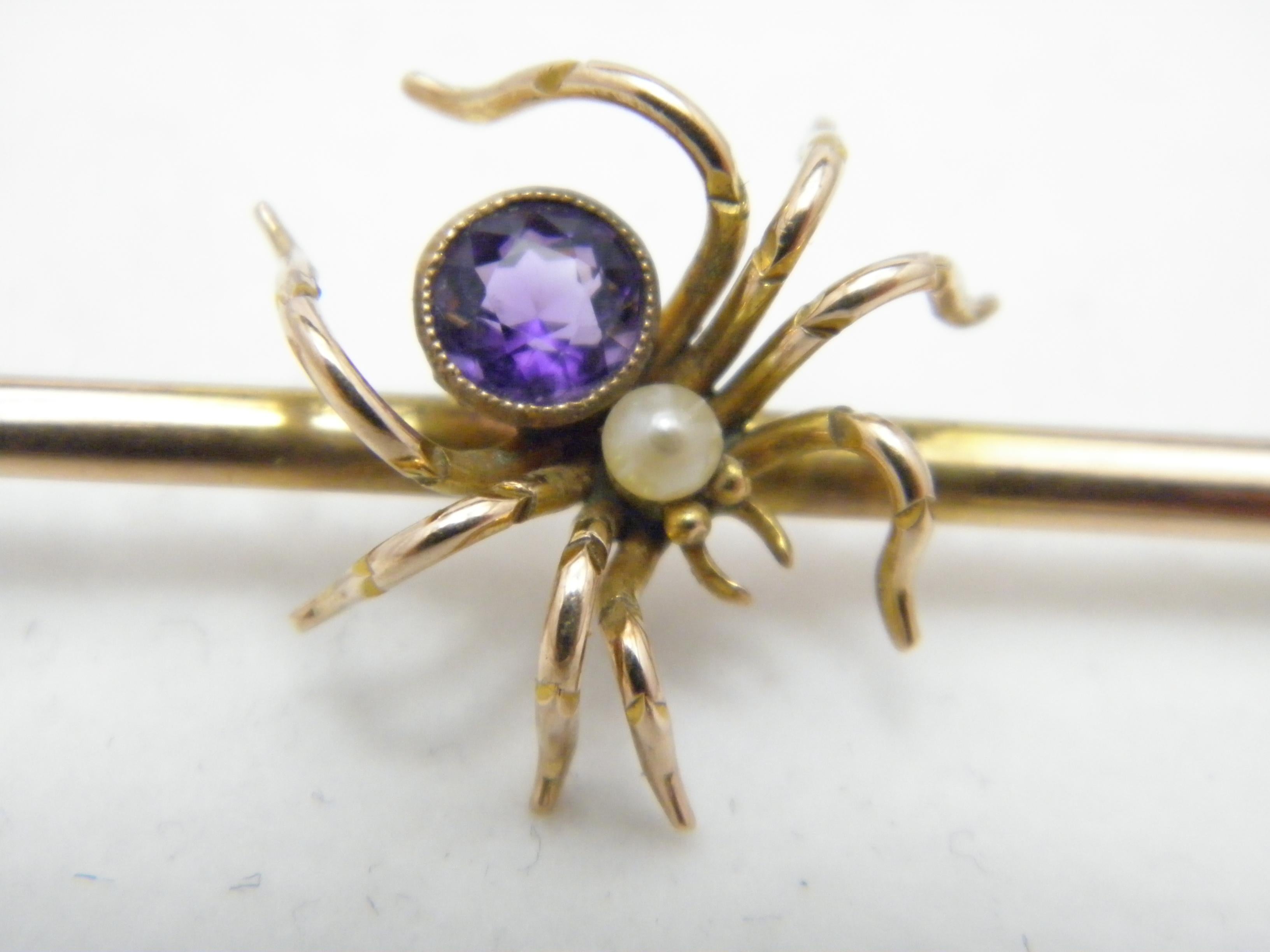 Antique 9ct Gold Large Amethyst Pearl Spider Bug Brooch Pin c1860 Heavy 6.4g 375 In Good Condition For Sale In Camelford, GB