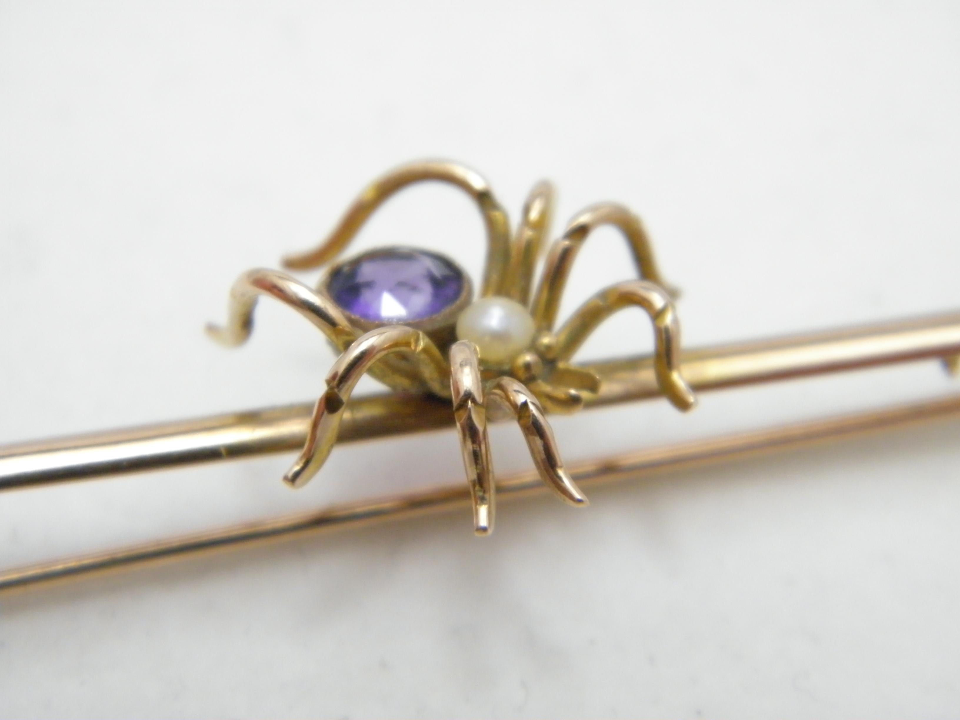 Women's or Men's Antique 9ct Gold Large Amethyst Pearl Spider Bug Brooch Pin c1860 Heavy 6.4g 375 For Sale