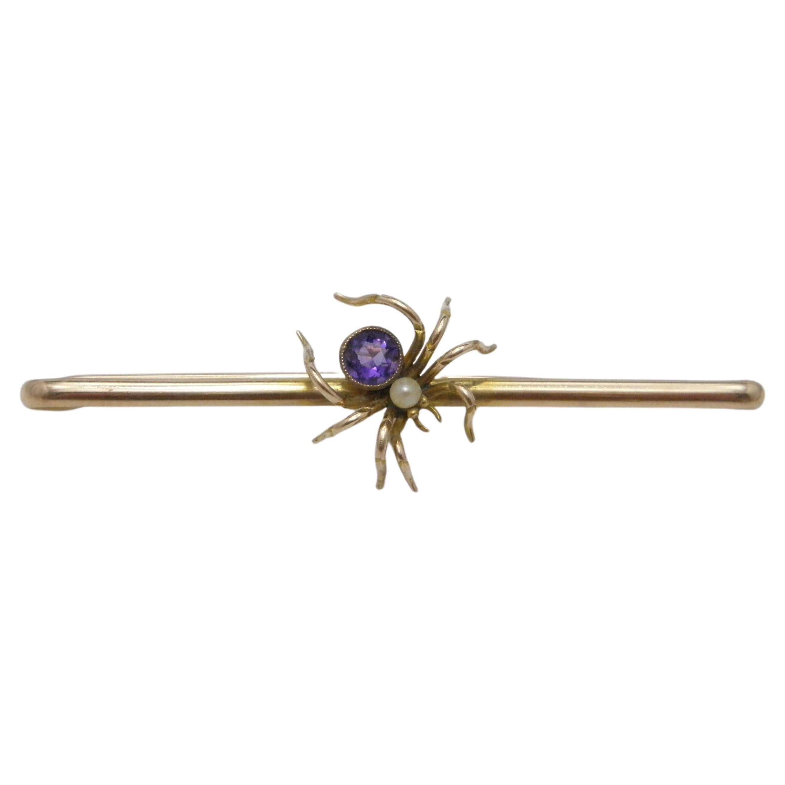 Antique 9ct Gold Large Amethyst Pearl Spider Bug Brooch Pin c1860 Heavy 6.4g 375 For Sale