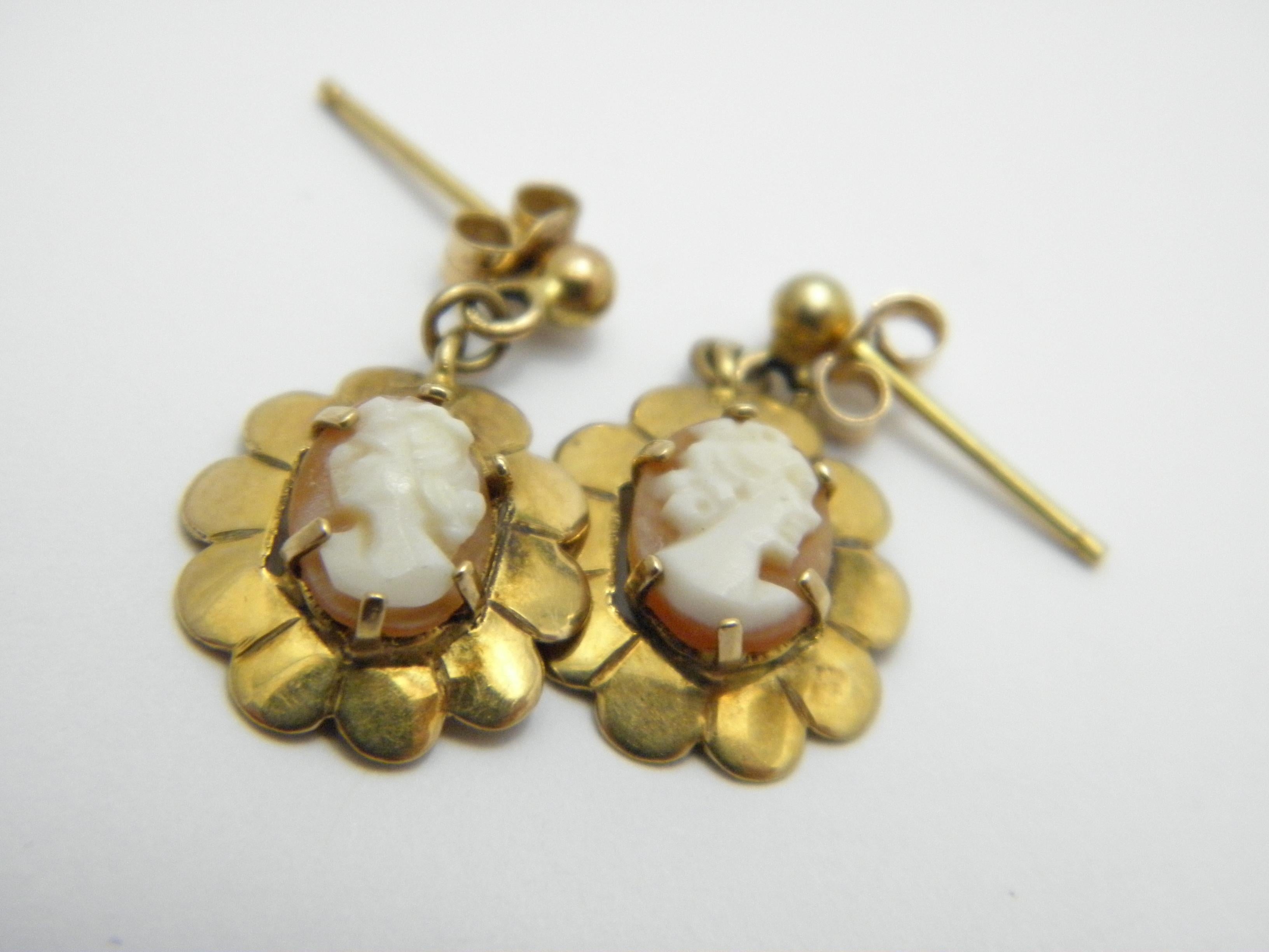 Antique 9ct Gold Large Shell Cameo Drop Dangle Earrings 375 Purity VGC For Sale 6