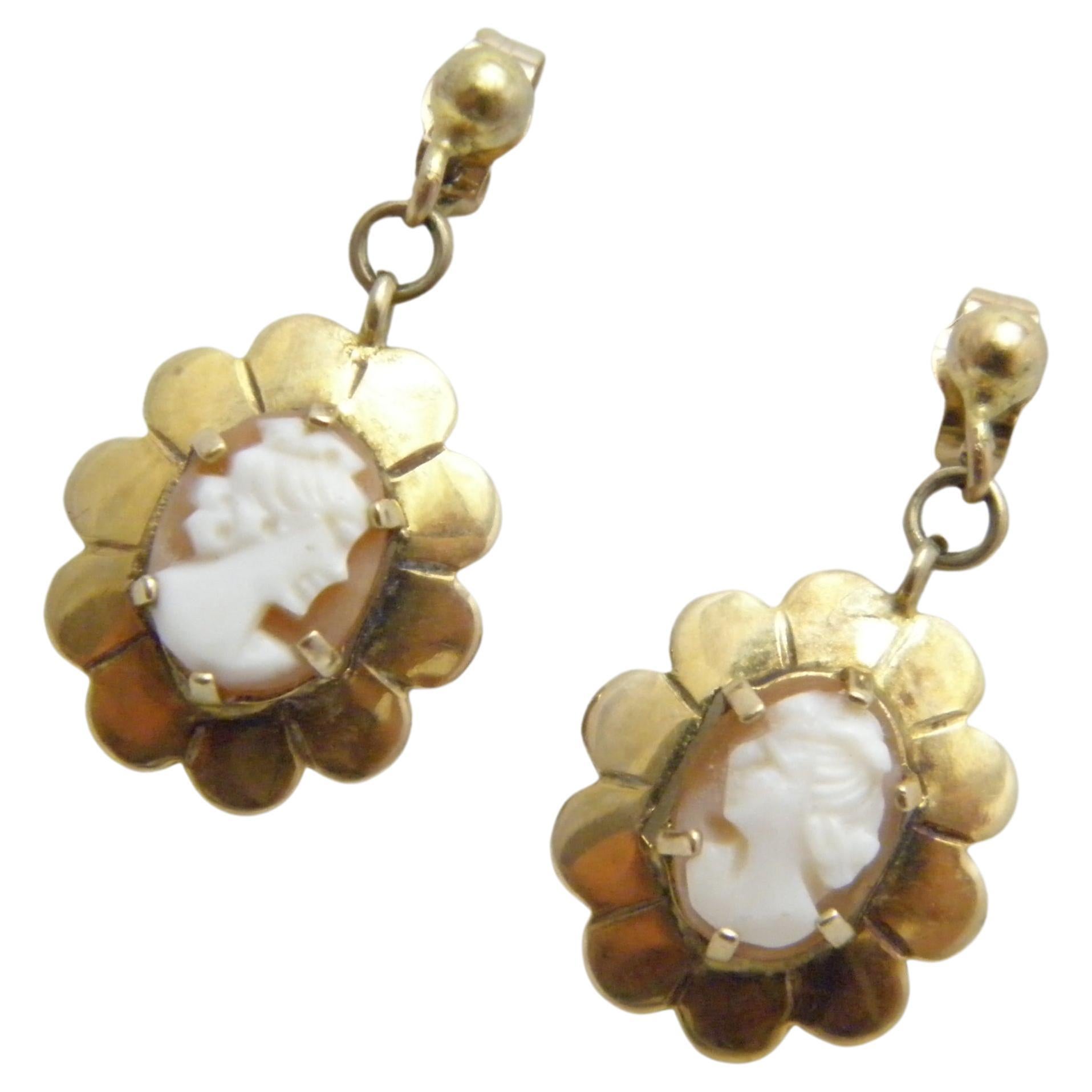 Antique 9ct Gold Large Shell Cameo Drop Dangle Earrings 375 Purity VGC For Sale