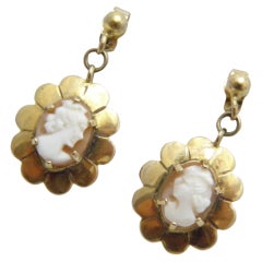 Antique 9ct Gold Large Shell Cameo Drop Dangle Earrings 375 Purity VGC