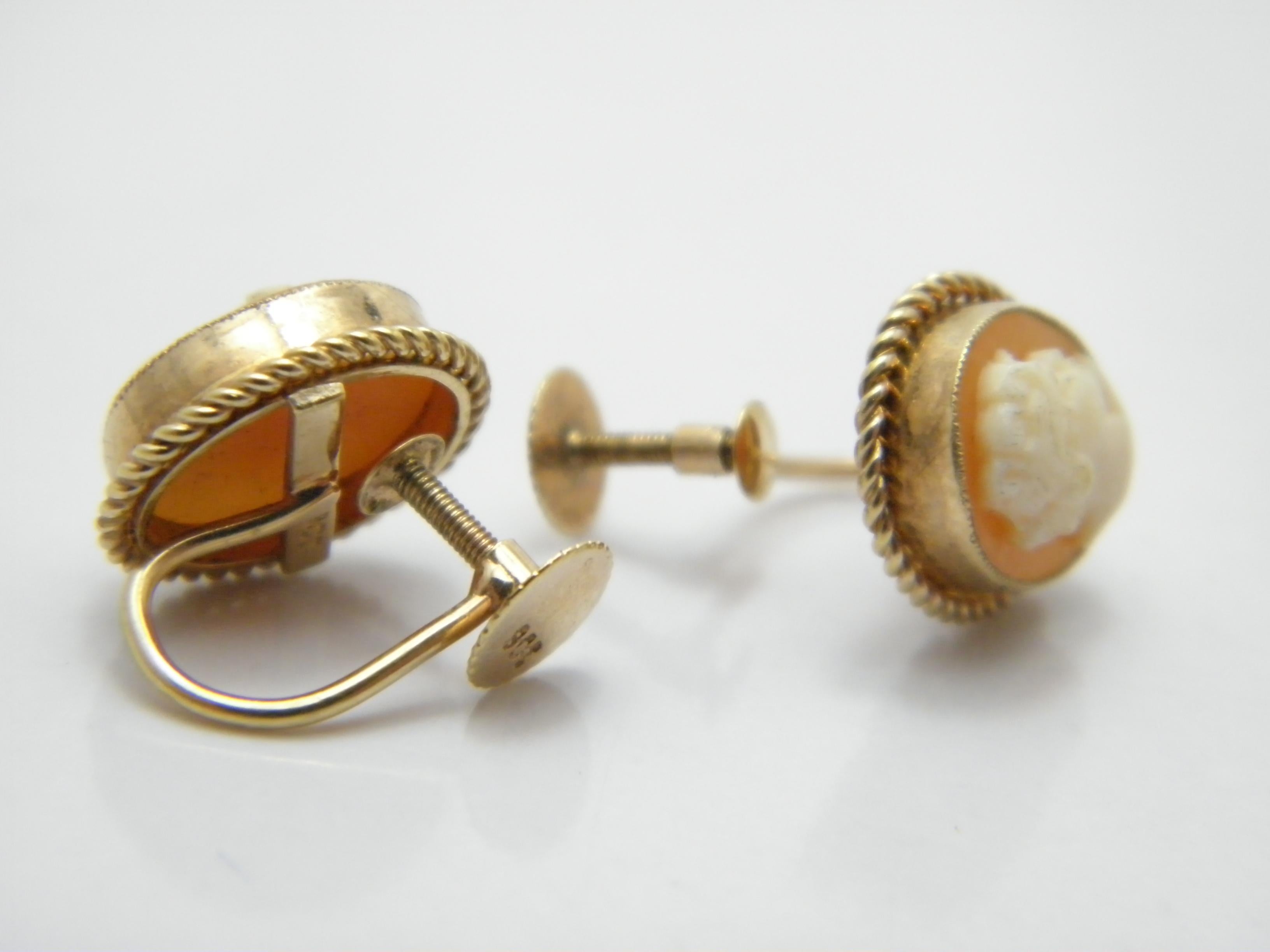 Antique 9ct Gold Large Shell Cameo Screw Back Dangle Earrings 375 Purity c1900 For Sale 2