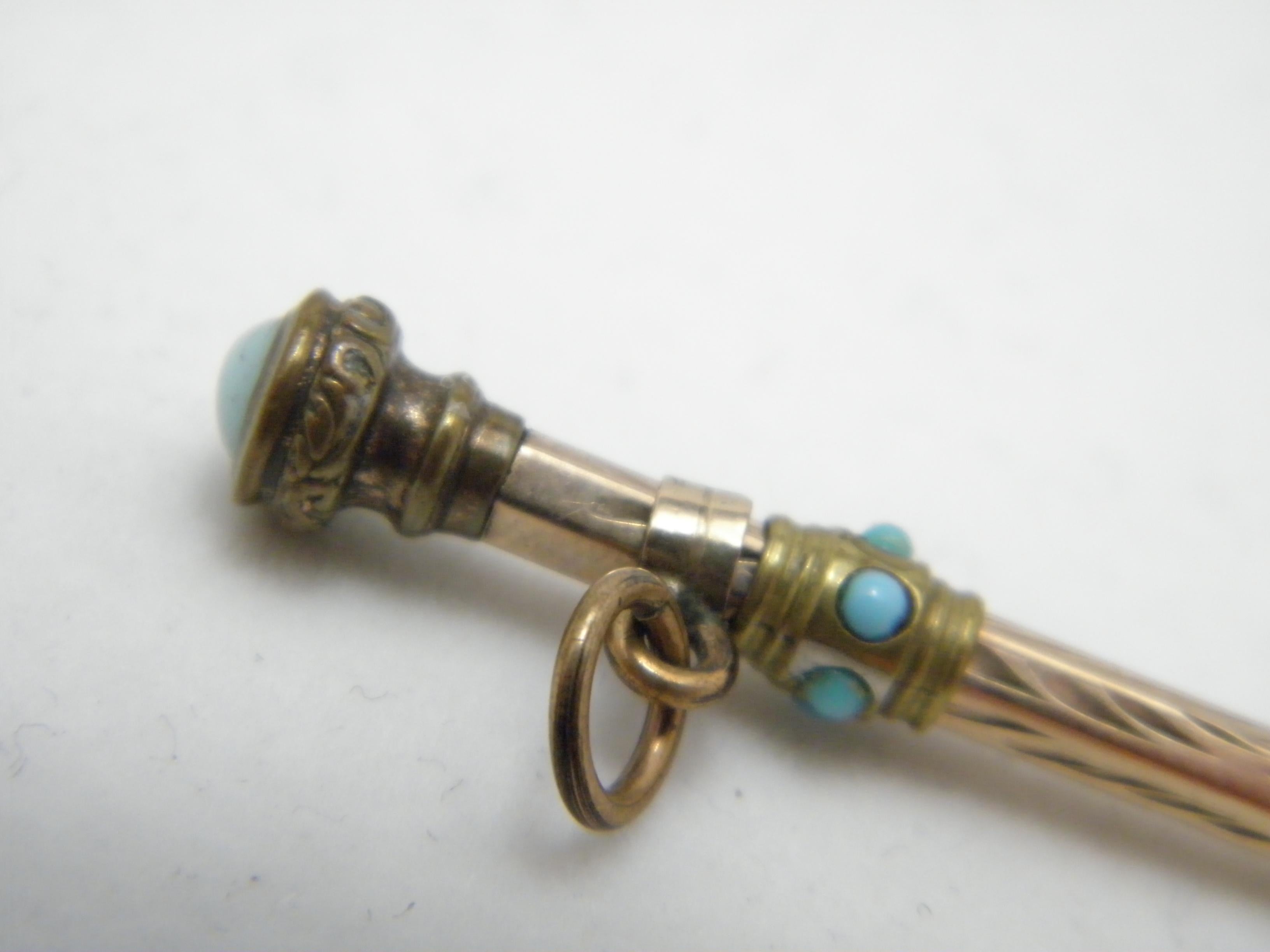 George III Antique 9ct Gold Larimar Turquoise Toothpick Fob c1820 375 Purity Chatelaine