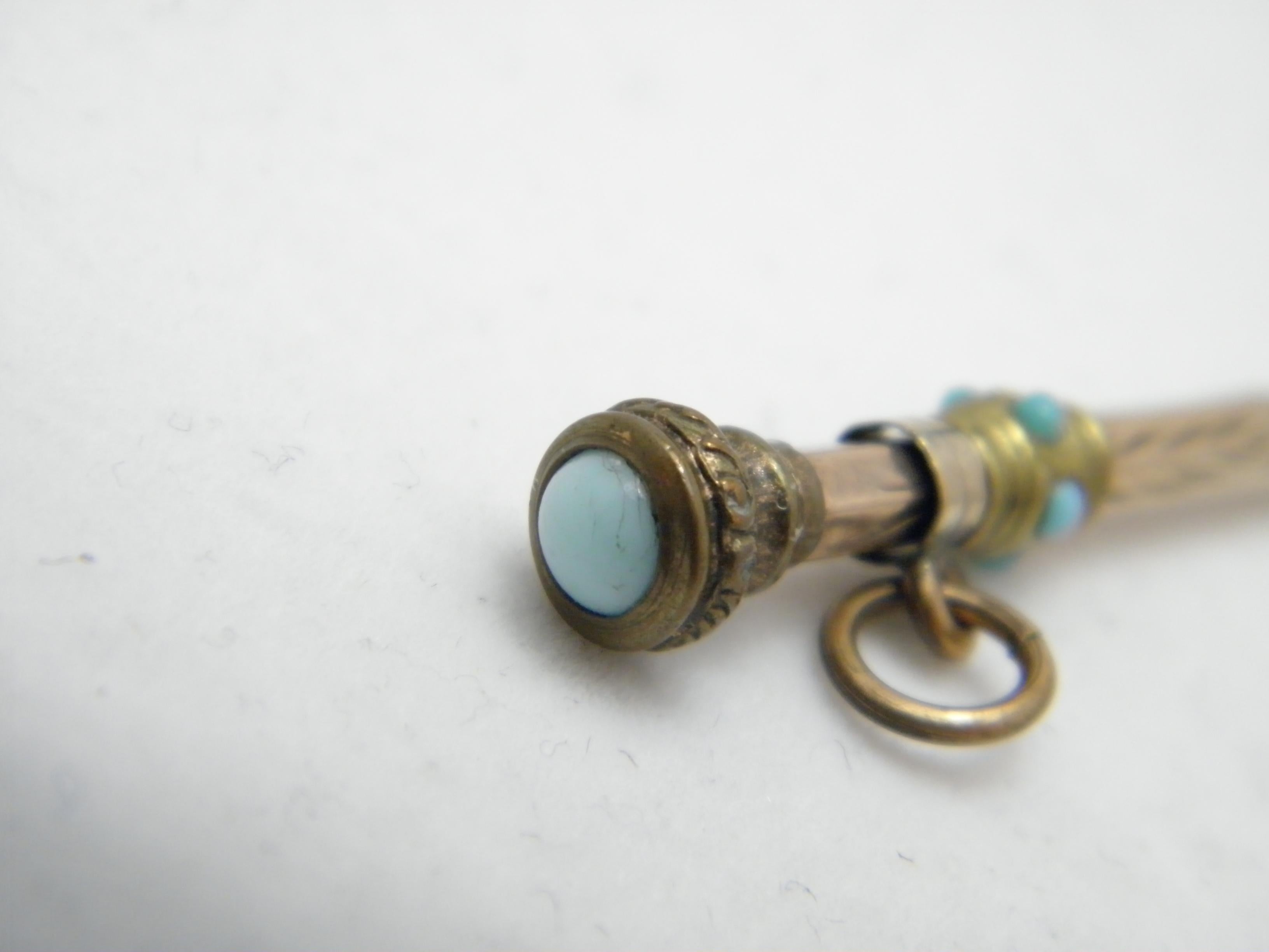 Antique 9ct Gold Larimar Turquoise Toothpick Fob c1820 375 Purity Chatelaine In Good Condition In Camelford, GB