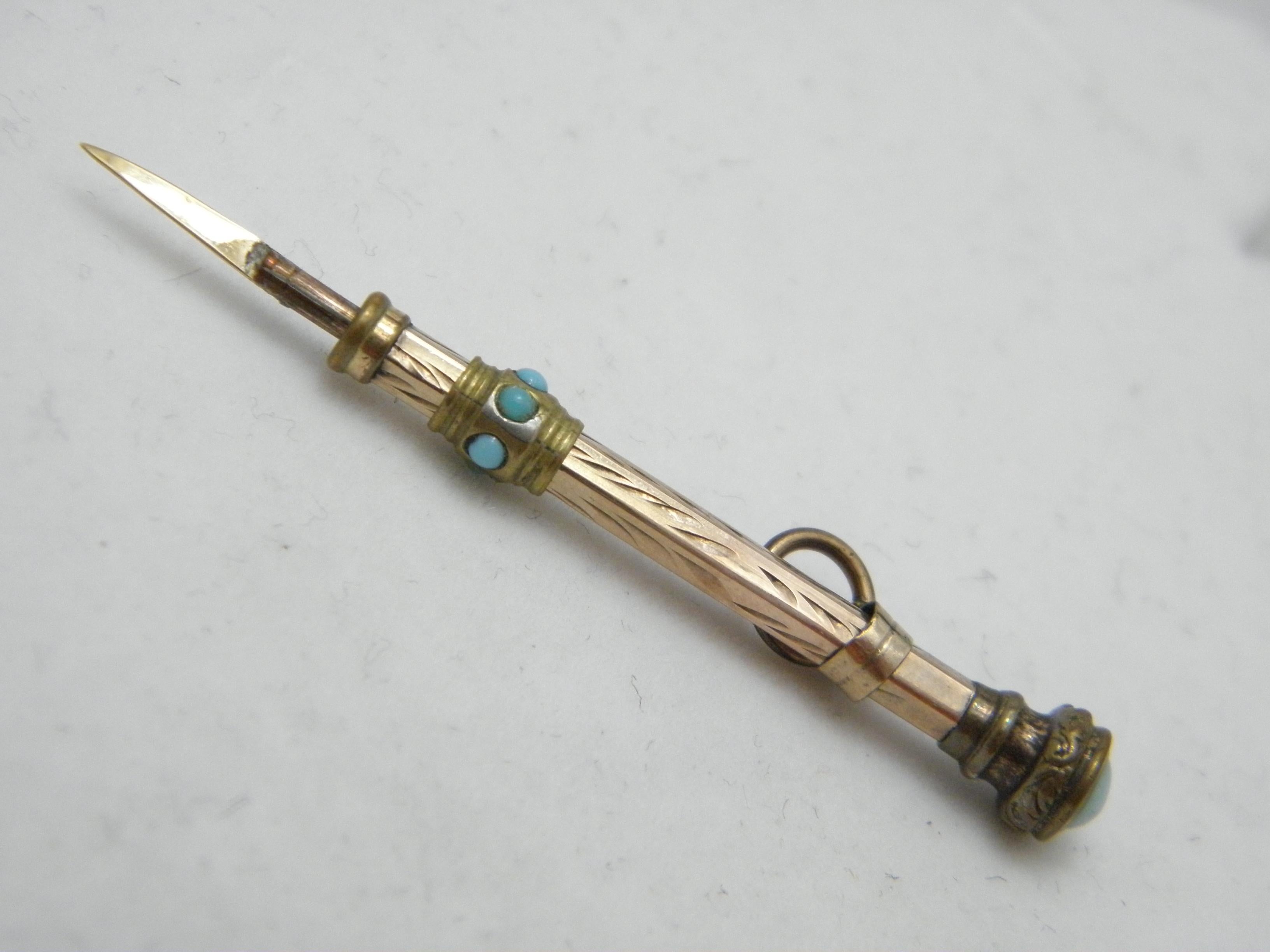 Women's or Men's Antique 9ct Gold Larimar Turquoise Toothpick Fob c1820 375 Purity Chatelaine