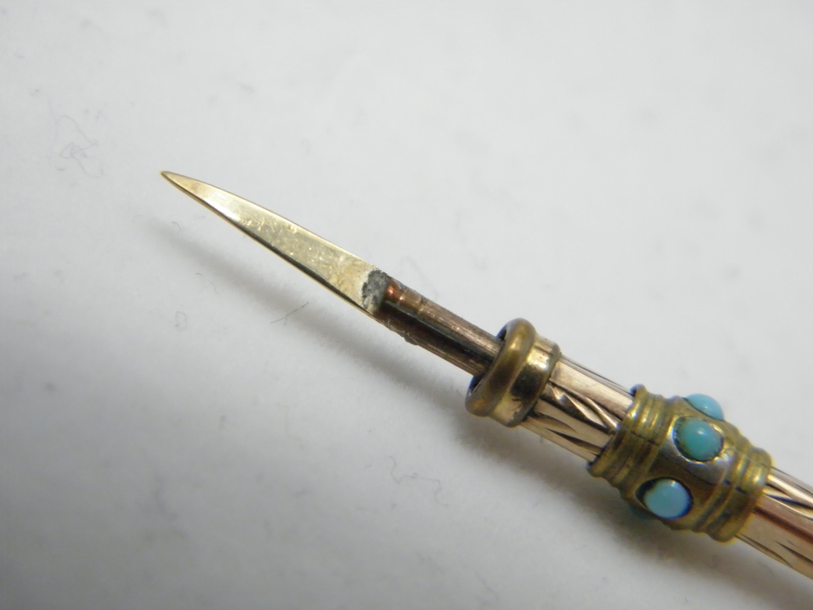 Antique 9ct Gold Larimar Turquoise Toothpick Fob c1820 375 Purity Chatelaine 1