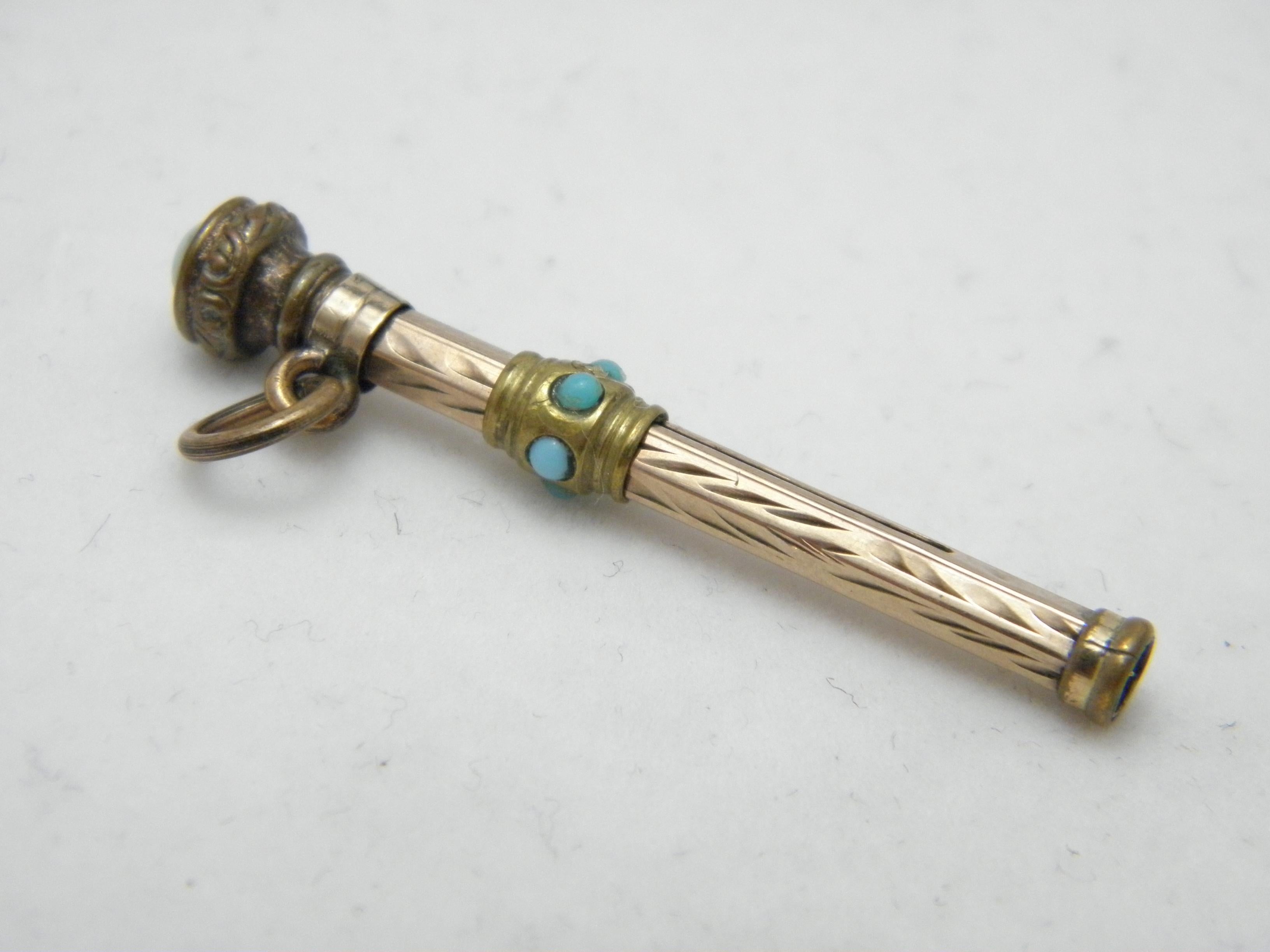 Antique 9ct Gold Larimar Turquoise Toothpick Fob c1820 375 Purity Chatelaine 2