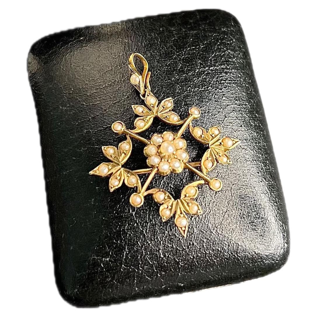 Antique 9ct Gold Natural Seed Pearl Flower Pendant / Brooch For Sale