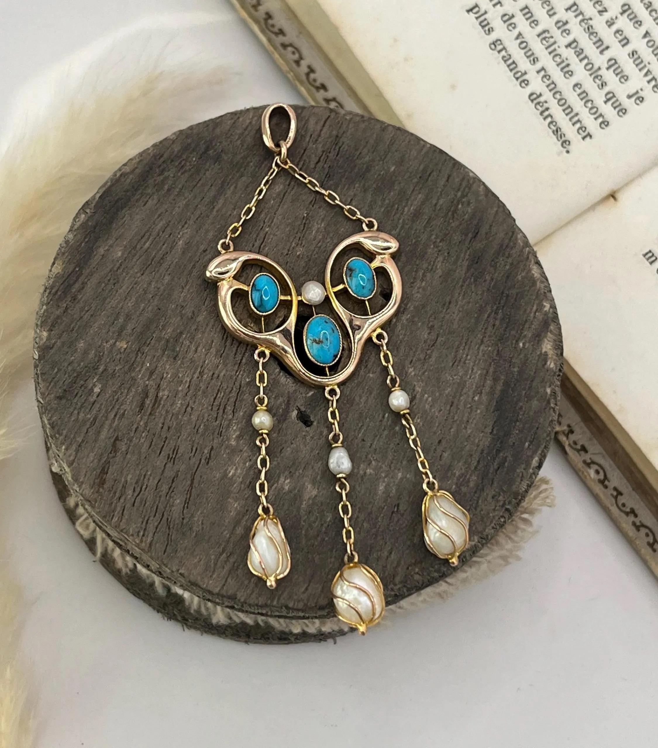 Antico ciondolo a goccia in oro 9ct, perle e turchesi, CIRCA 1920 in vendita 4