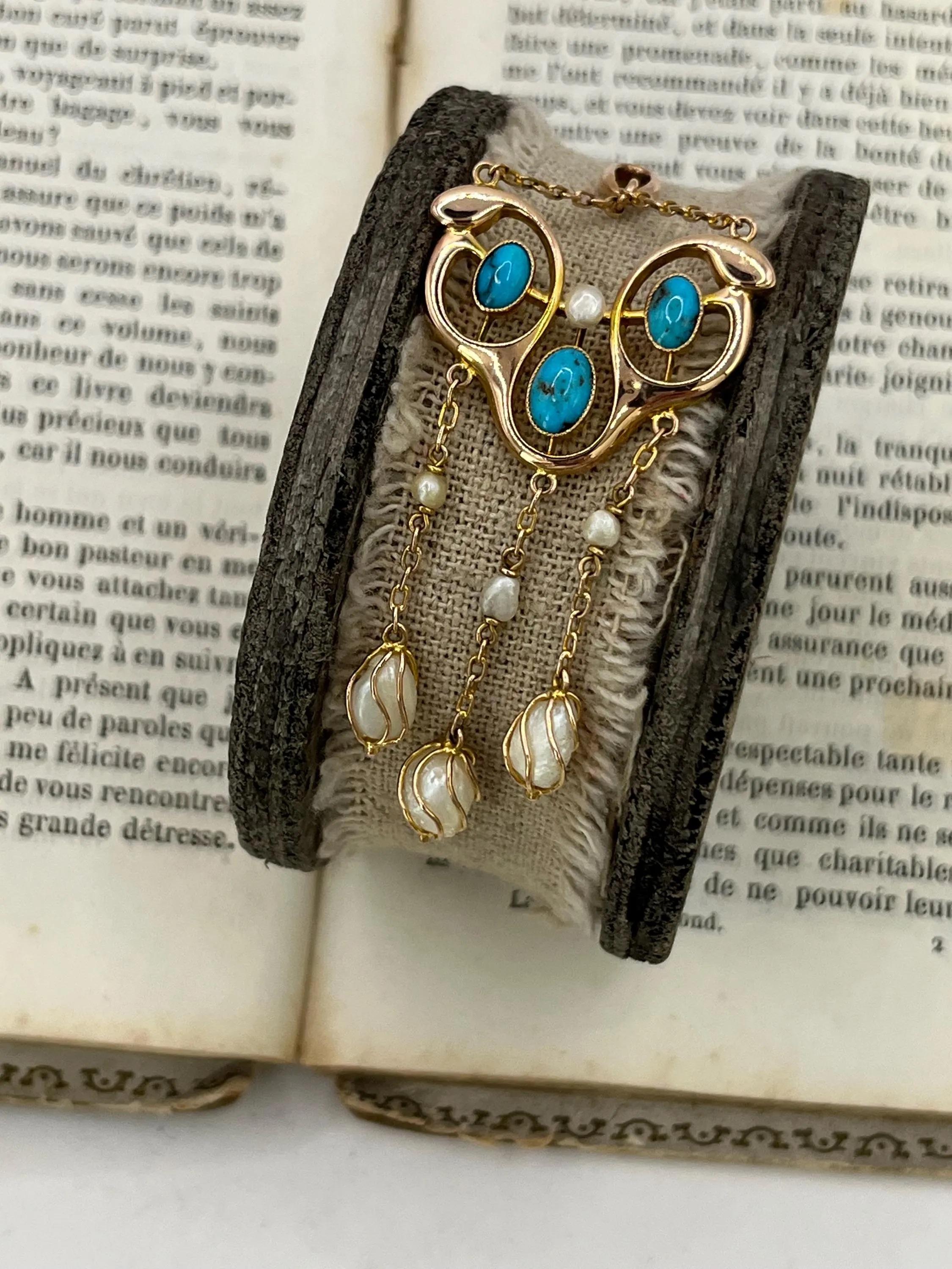 da uomo o donna Antico ciondolo a goccia in oro 9ct, perle e turchesi, CIRCA 1920 in vendita