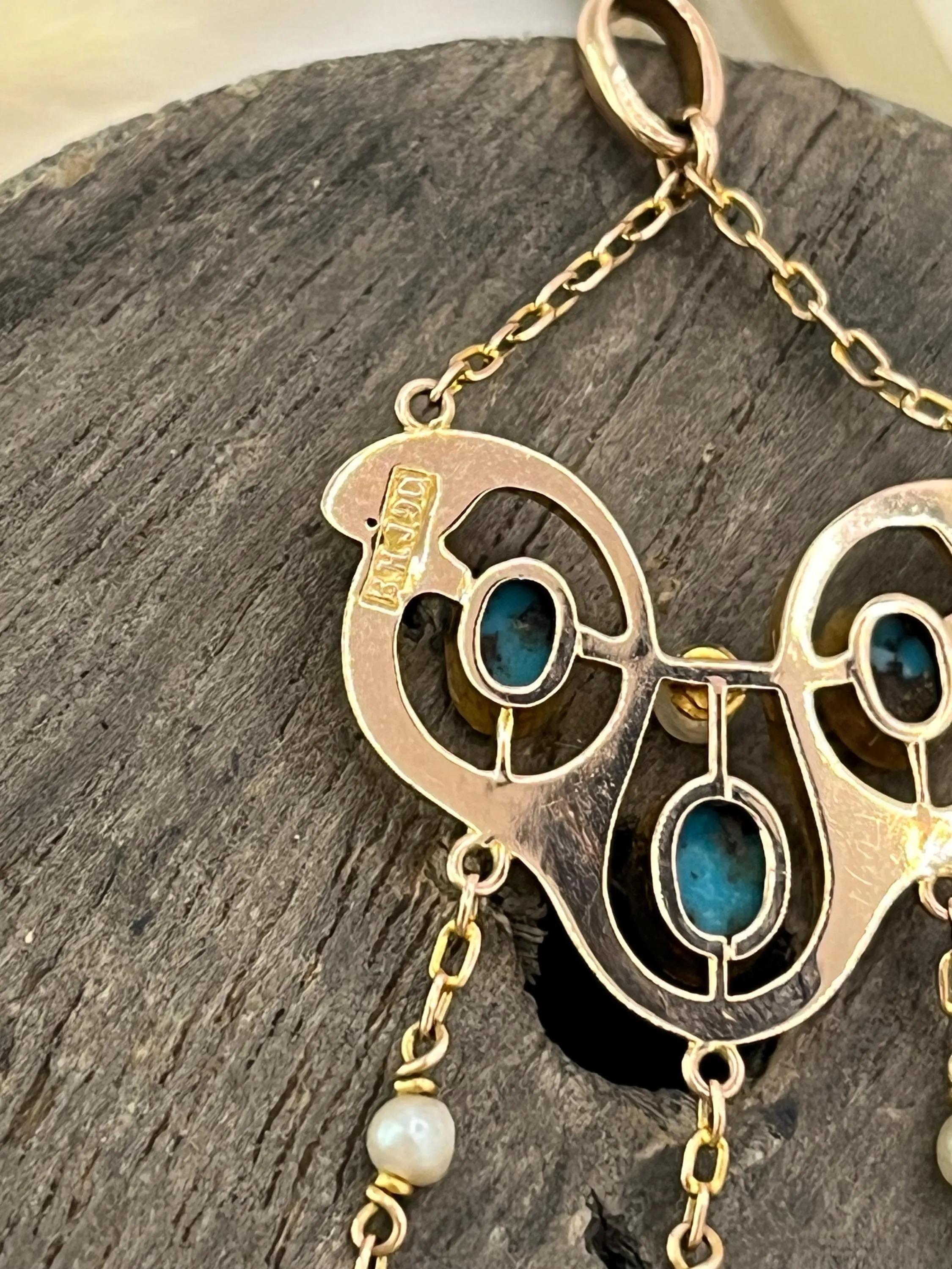 Antico ciondolo a goccia in oro 9ct, perle e turchesi, CIRCA 1920 in vendita 1