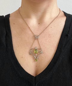 Antique 9ct Gold, Peridot & Pearl Pendant Necklace, Circa 1900