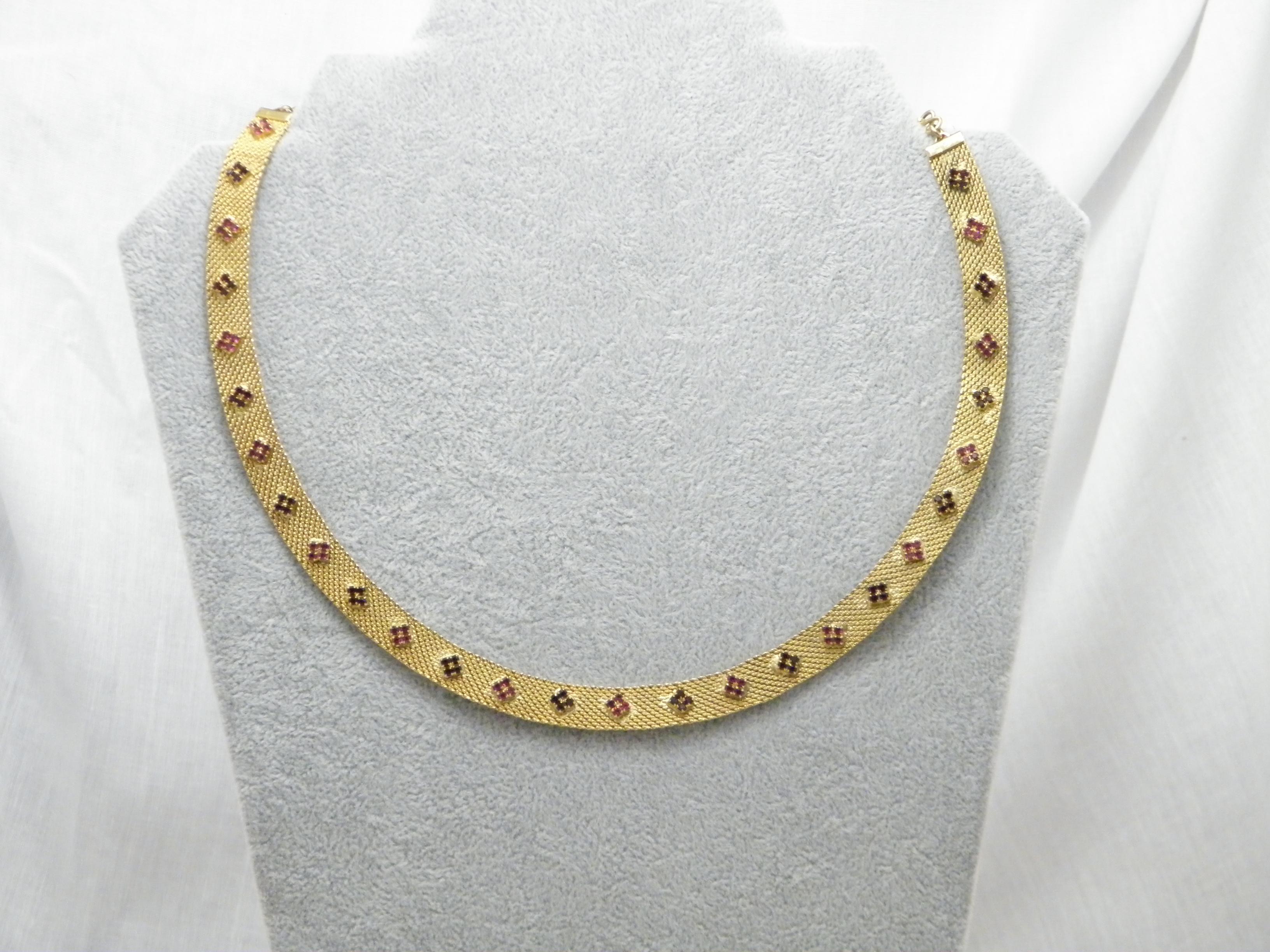 Round Cut Antique 9ct Gold 'Rolled' Cleopatra Garnet and Ruby Paste Necklace Choker 375 For Sale