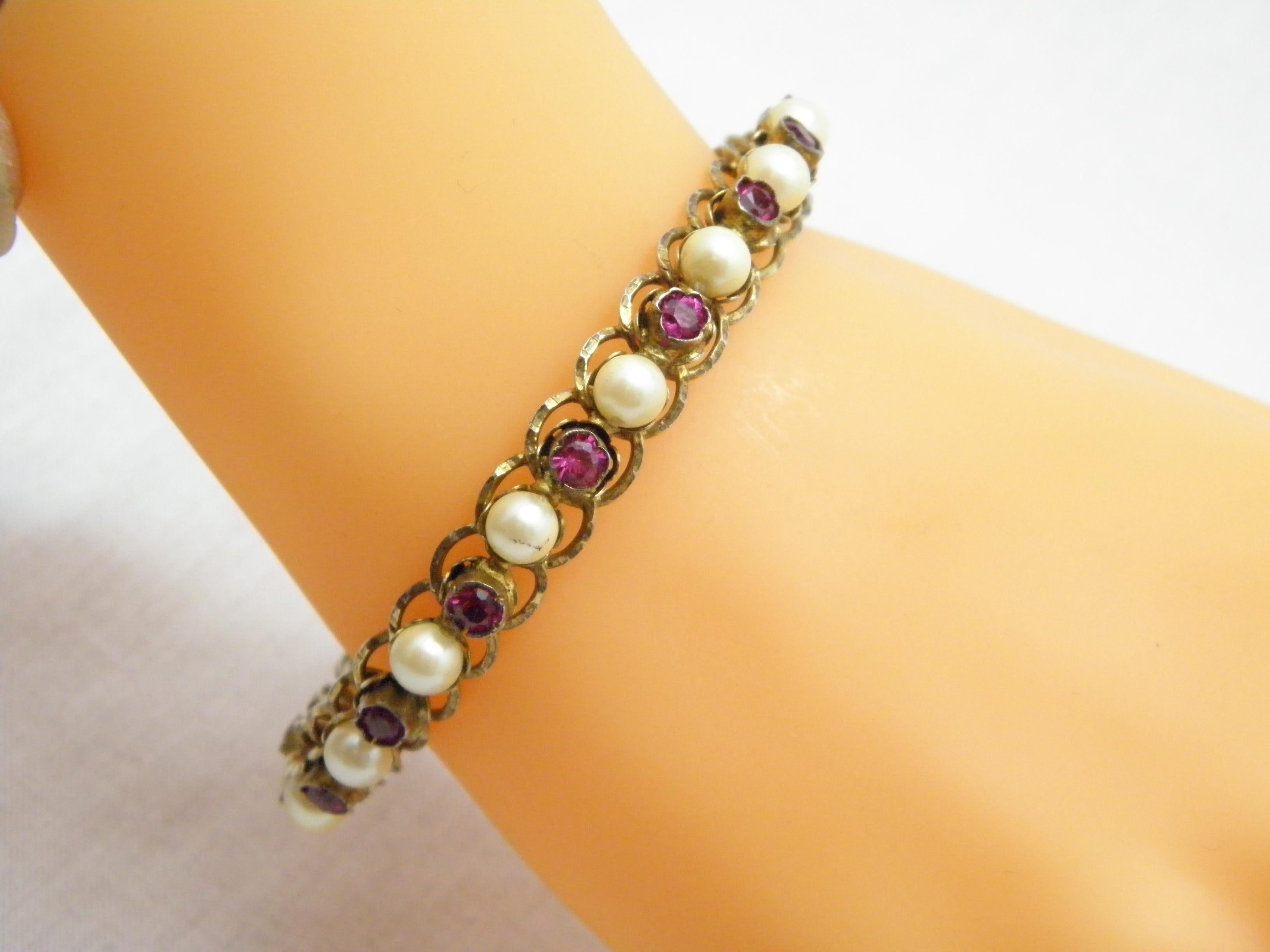 Antique 9ct Gold 'Rolled' Ruby Pearl Paste Hinged Bracelet Bangle 375 Purity For Sale 2