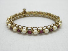 Antique 9ct Gold 'Rolled' Ruby Pearl Paste Hinged Bracelet Bangle 375 Purity