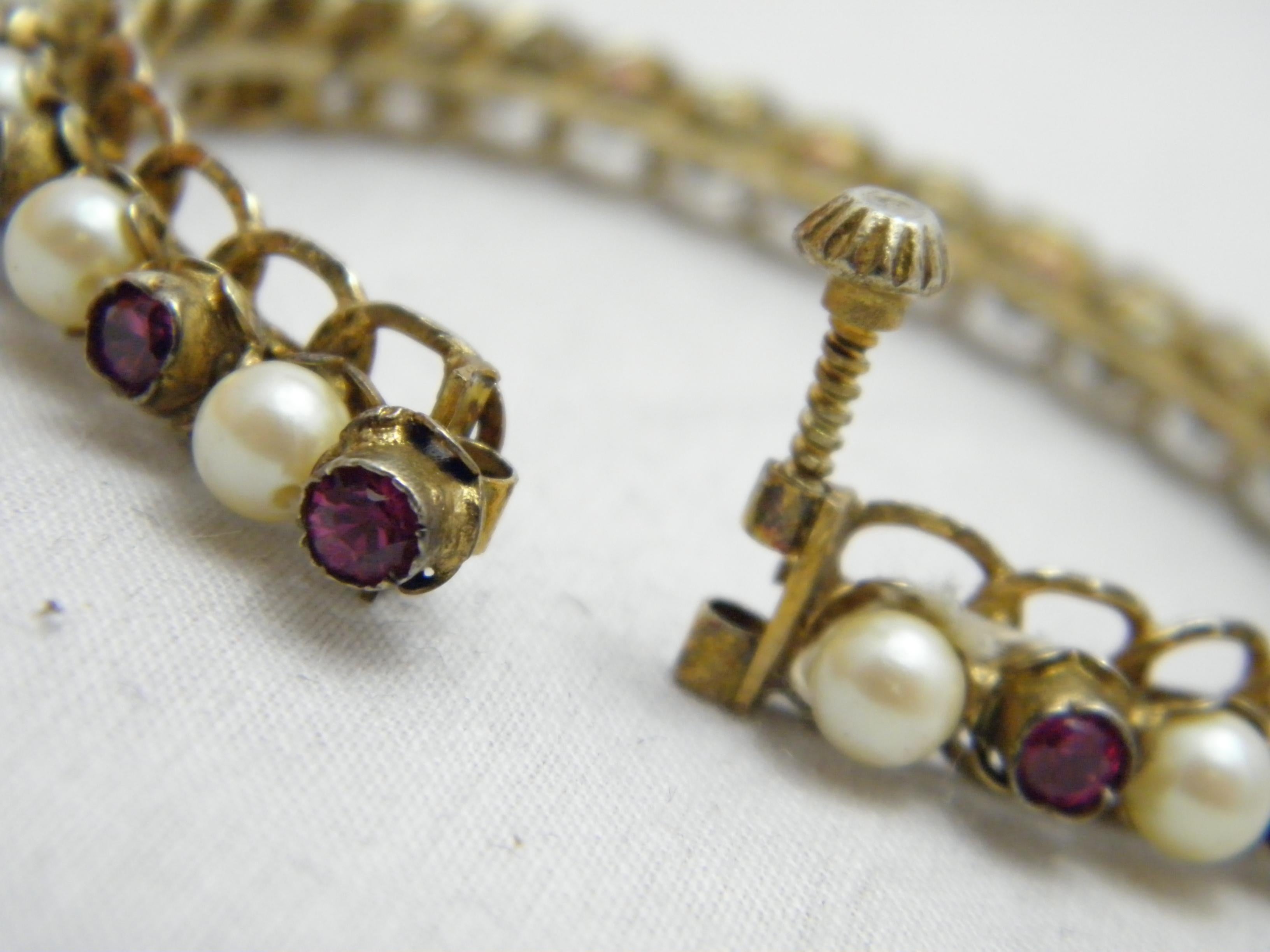 Women's or Men's Antique 9ct Gold 'Rolled' Ruby Pearl Paste Hinged Bracelet Bangle 375 Purity For Sale