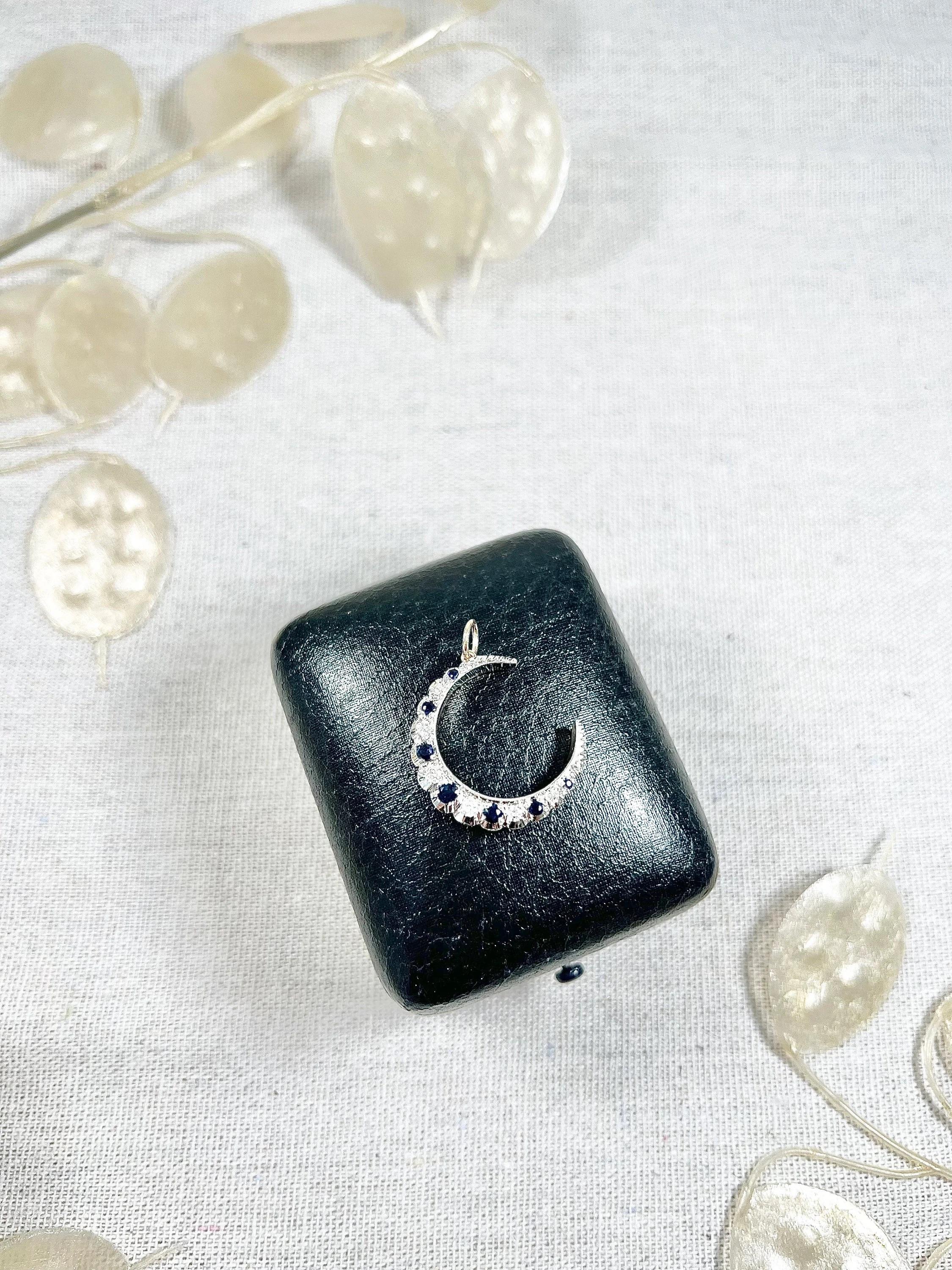 Antique 9ct Gold & Silver, Victorian Sapphire Diamond Crescent Moon Pendant For Sale 5