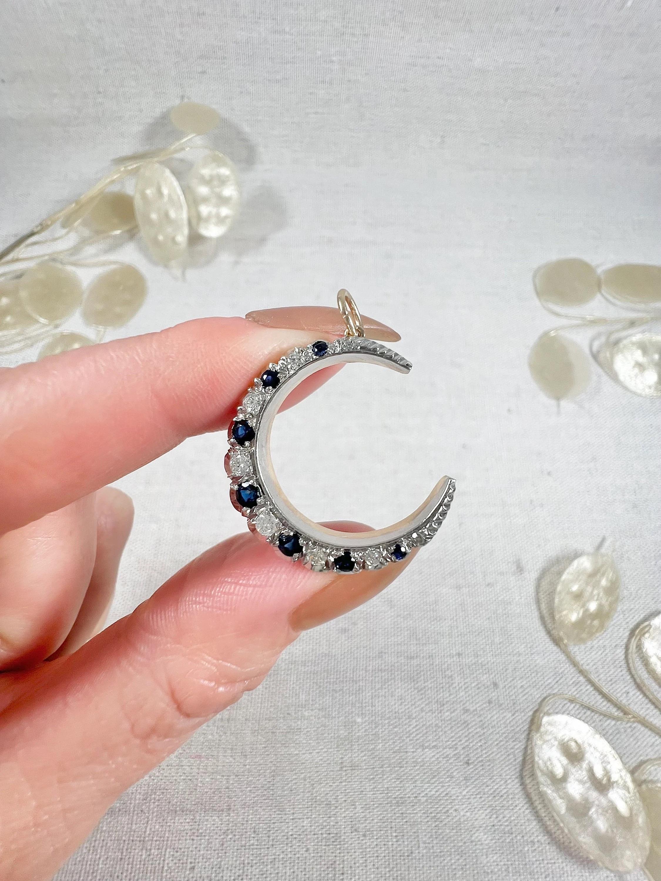 Women's or Men's Antique 9ct Gold & Silver, Victorian Sapphire Diamond Crescent Moon Pendant For Sale