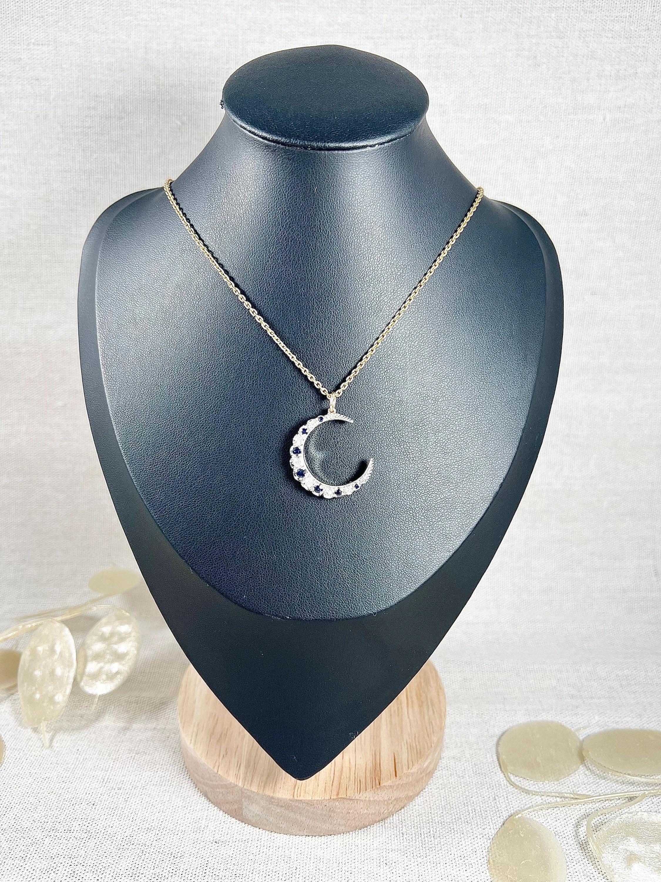 Antique 9ct Gold & Silver, Victorian Sapphire Diamond Crescent Moon Pendant For Sale 1