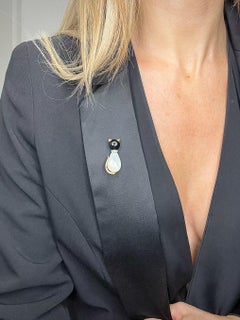 Antique 9ct Gold Stamped 1960’s Mother of Pearl, Onyx & Diamond Cat Brooch