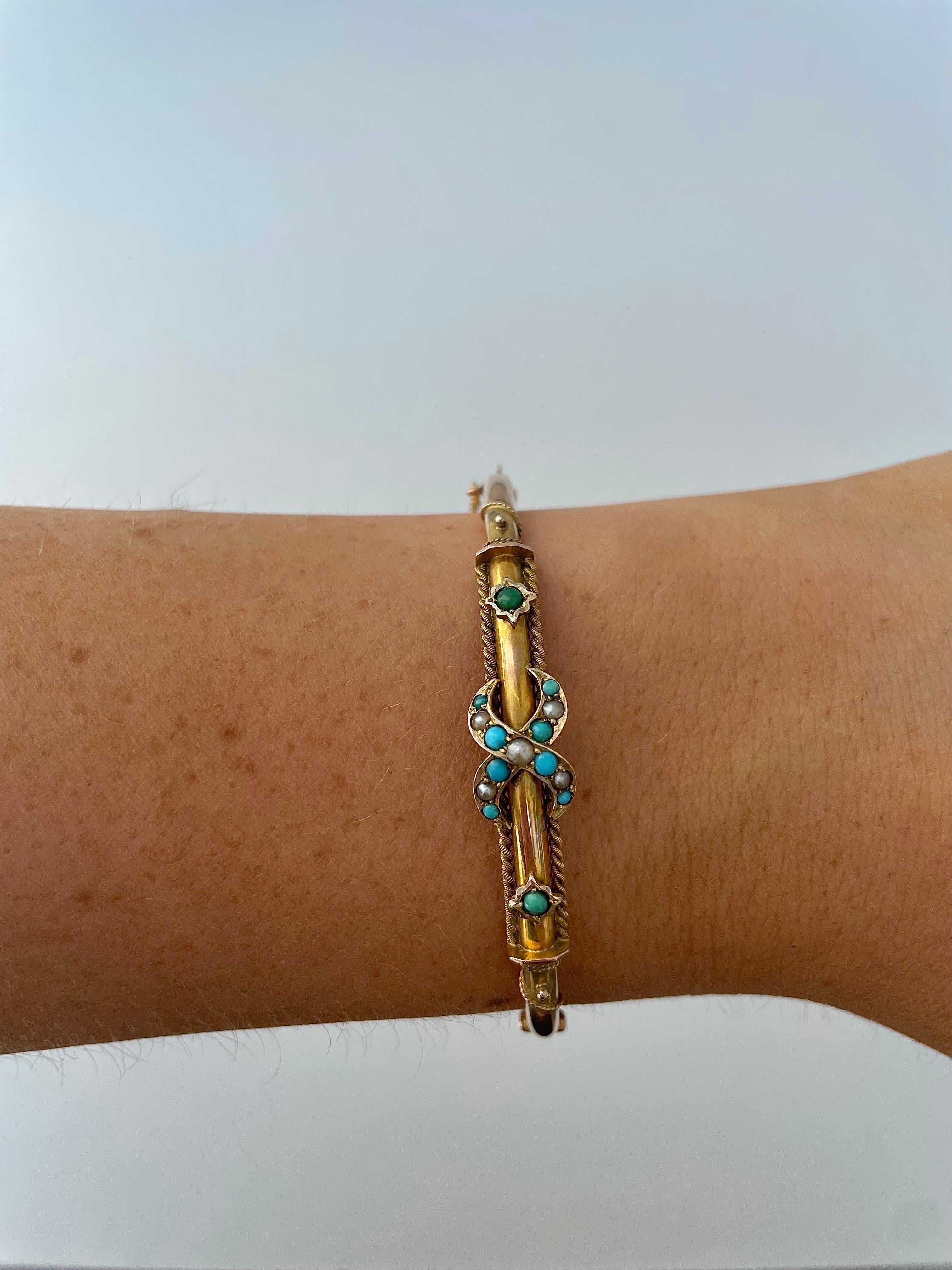 Bead Antique 9ct Gold Turquoise and Pearl Cross Over Bangle Bracelet 