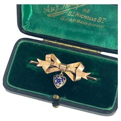 Antique 9ct Gold, Victorian Enamel Heart Bow Brooch, Hallmarked Chester 1897
