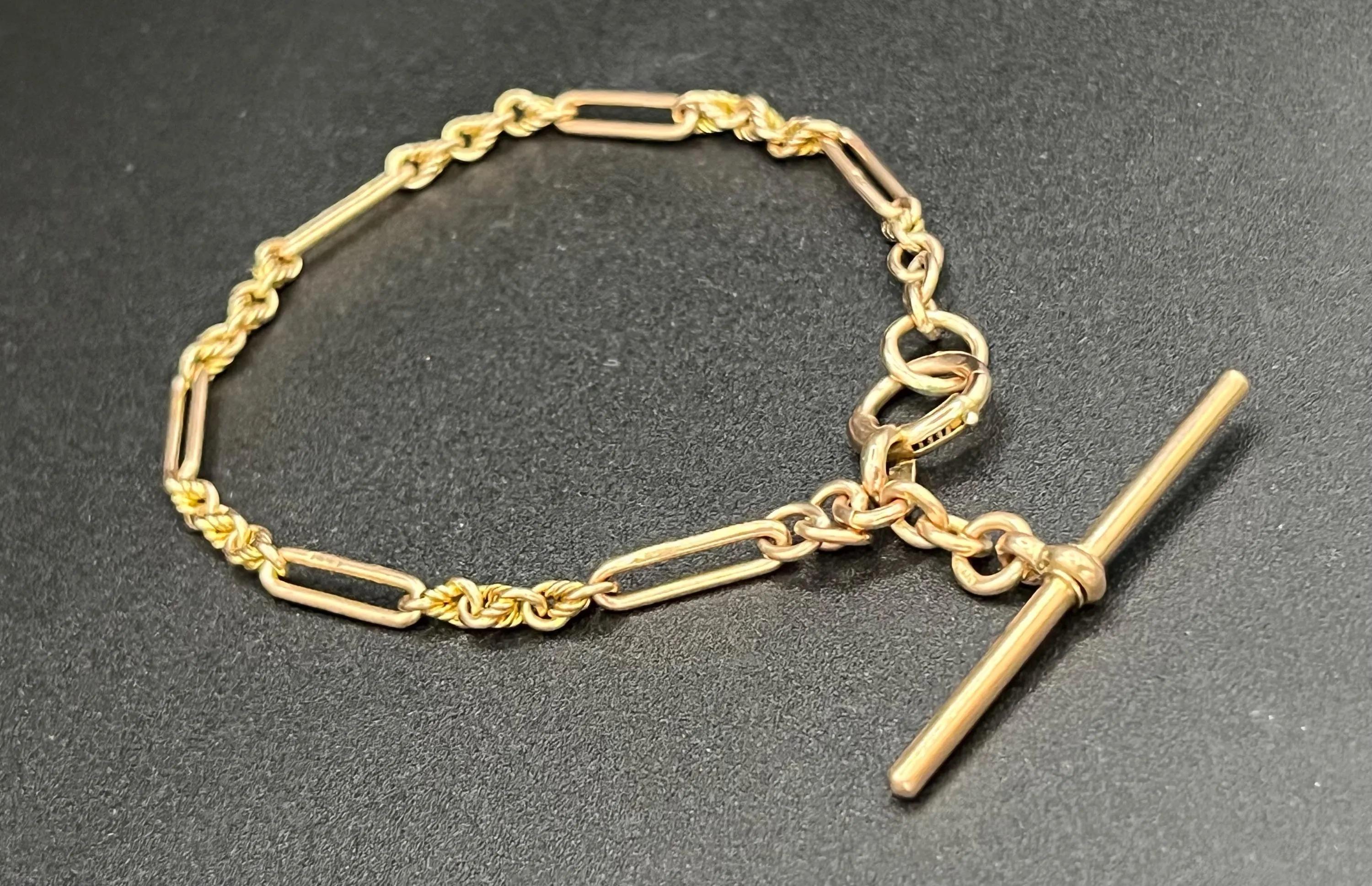 Antique 9ct Gold, Victorian Fancy Paperclip & Rope Link T-bar Bracelet In Good Condition For Sale In Brighton, GB