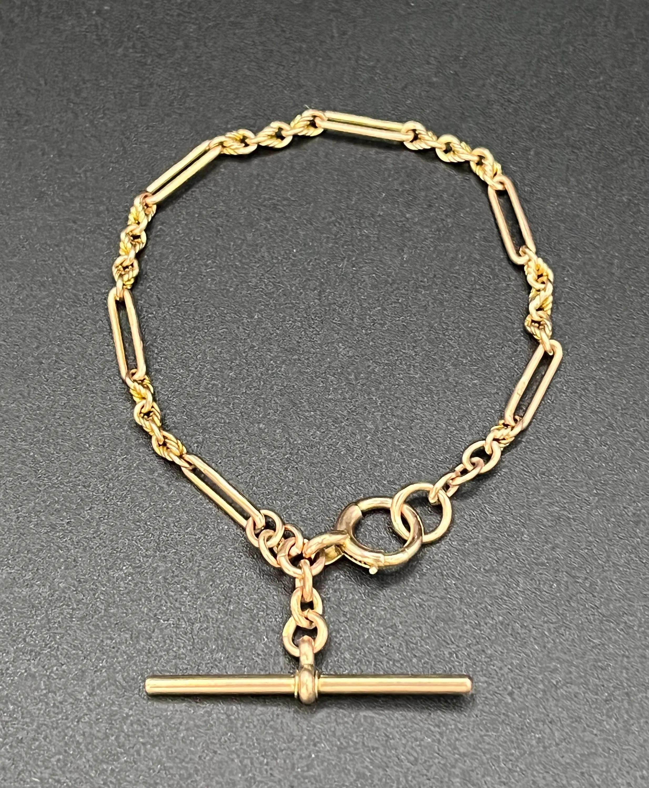 Women's or Men's Antique 9ct Gold, Victorian Fancy Paperclip & Rope Link T-bar Bracelet For Sale