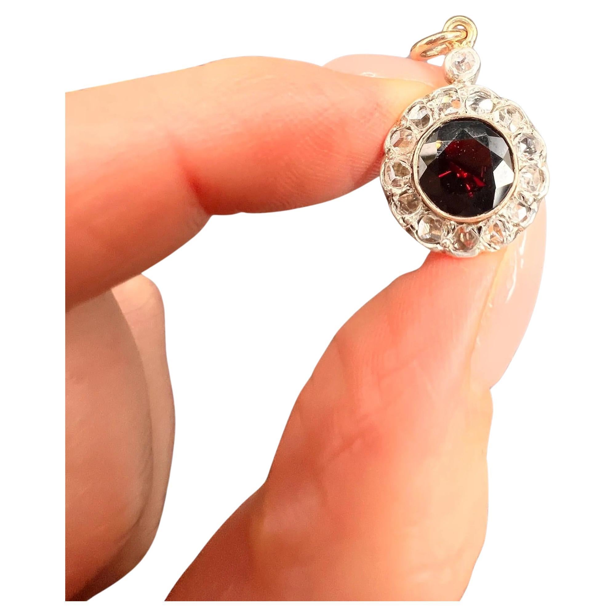 Antique 9ct Gold, Victorian Garnet & Diamond Floral Daisy Shaped Pendant