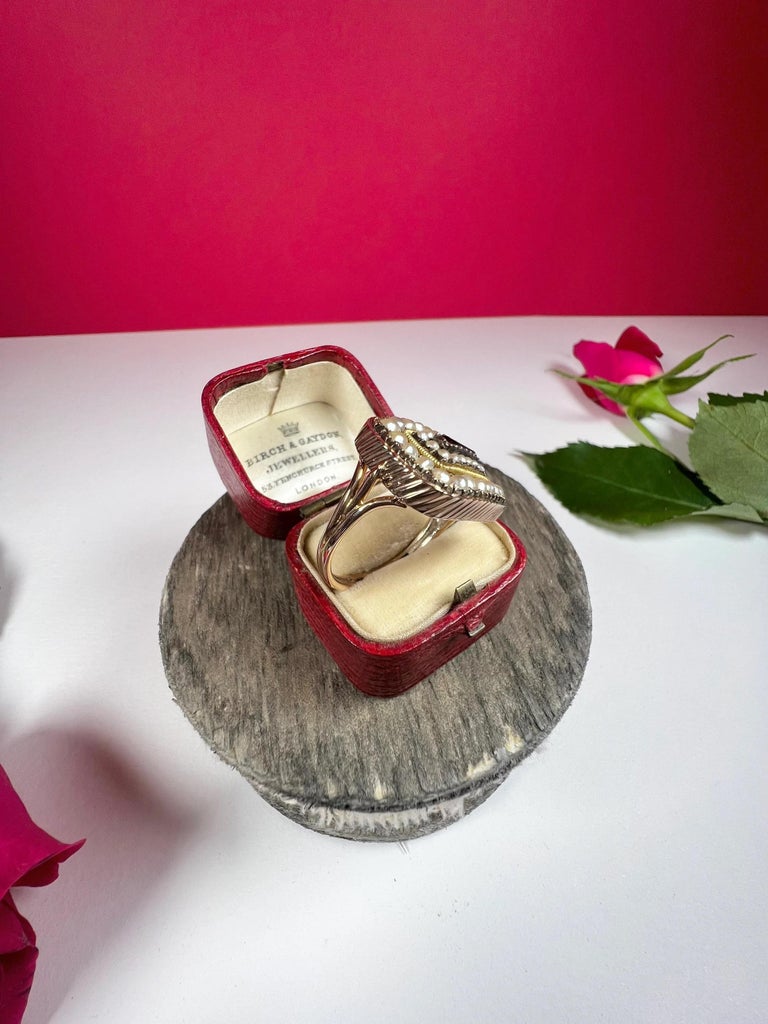 Antique 9ct Gold Victorian Garnet and Pearl Dress Ring For Sale at