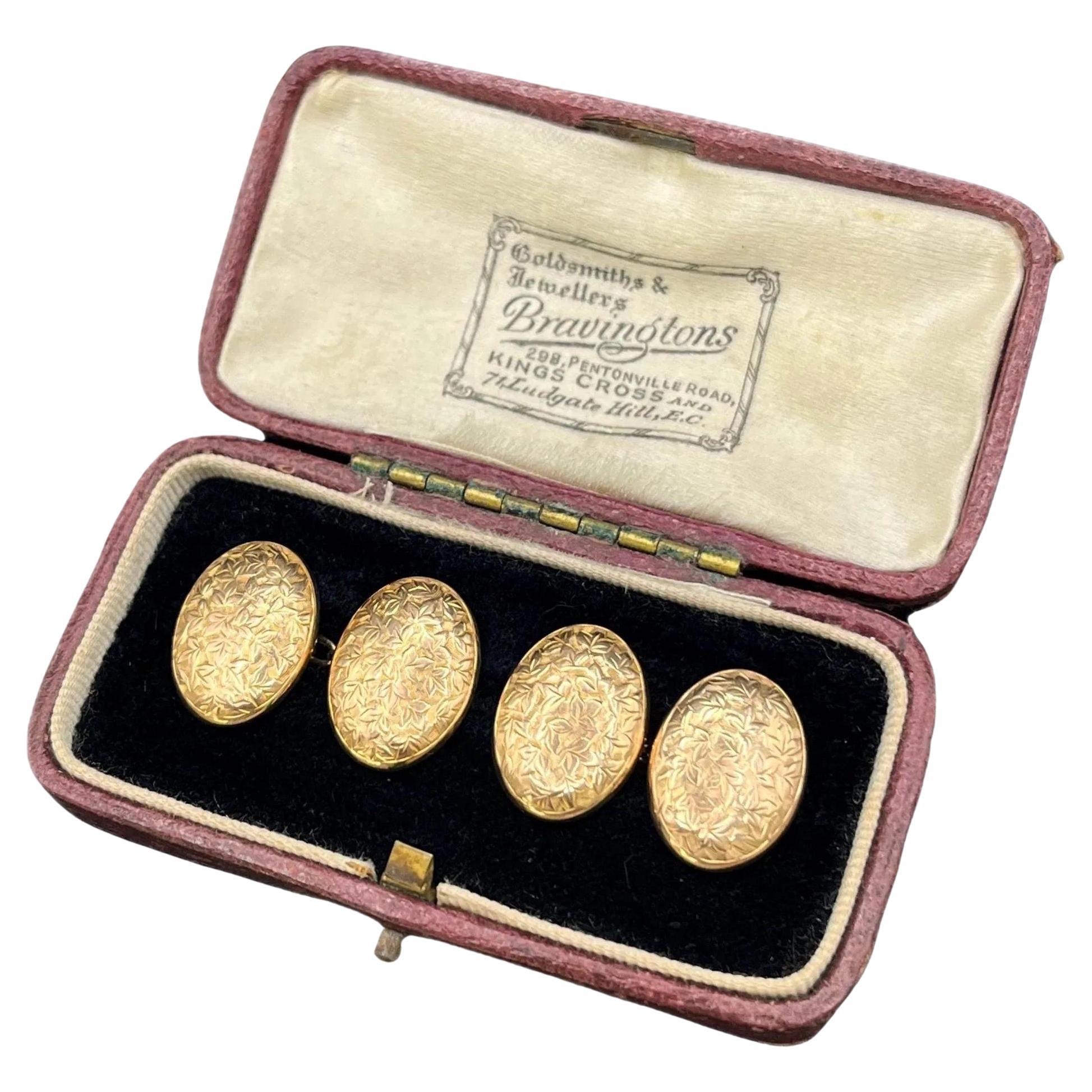 Gemelli antichi in oro 9ct, con marchio vittoriano Chester 1900, con incisioni floreali