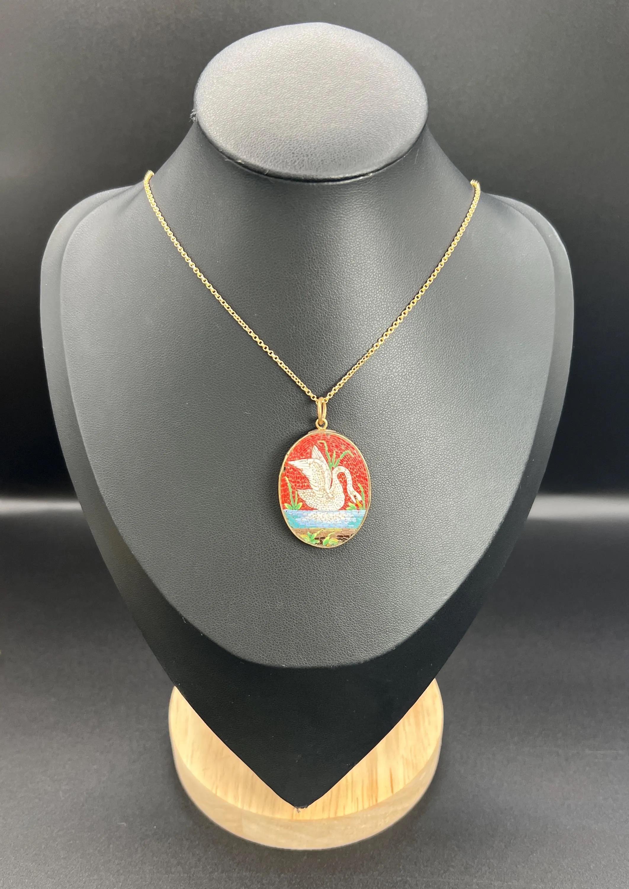 Antique 9ct Gold, Victorian Micro Mosaic Swan Portrait Pendant For Sale 6