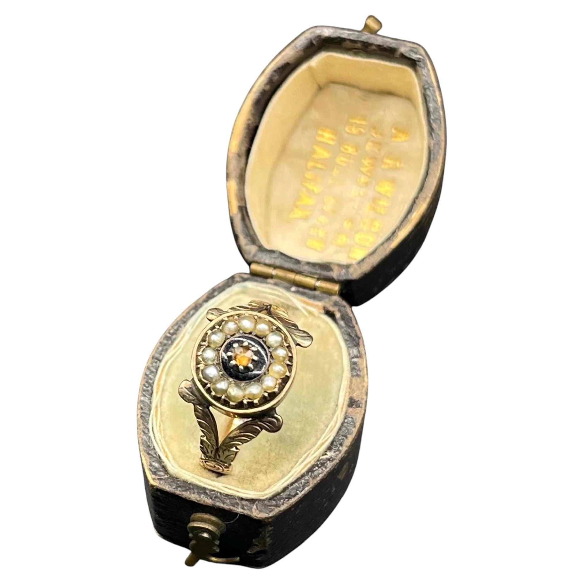 Antique 9ct Gold, Victorian Pearl & Enamel Cluster Ring For Sale