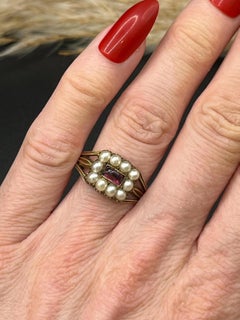 Antique 9ct Gold, Victorian Pearl & Garnet Cluster Ring, Engraved 1861