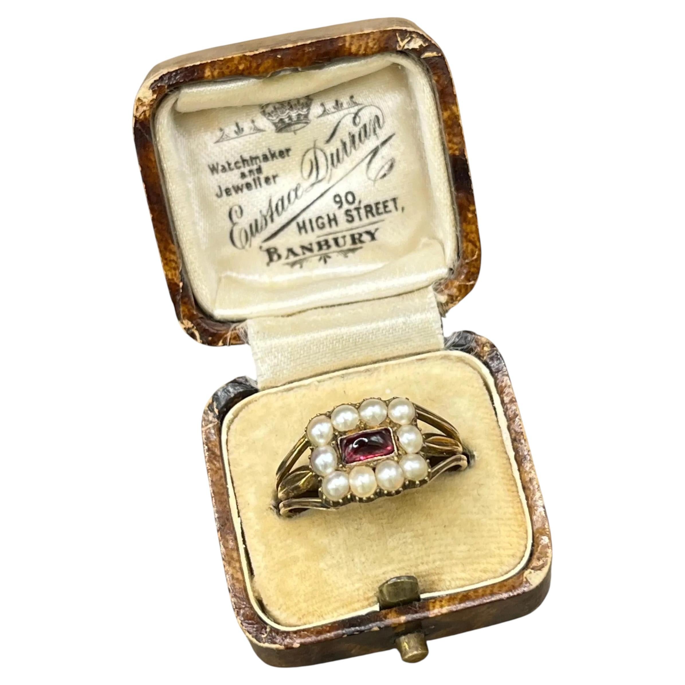 Antique 9ct Gold, Victorian Pearl & Garnet Cluster Ring, Engraved 1861