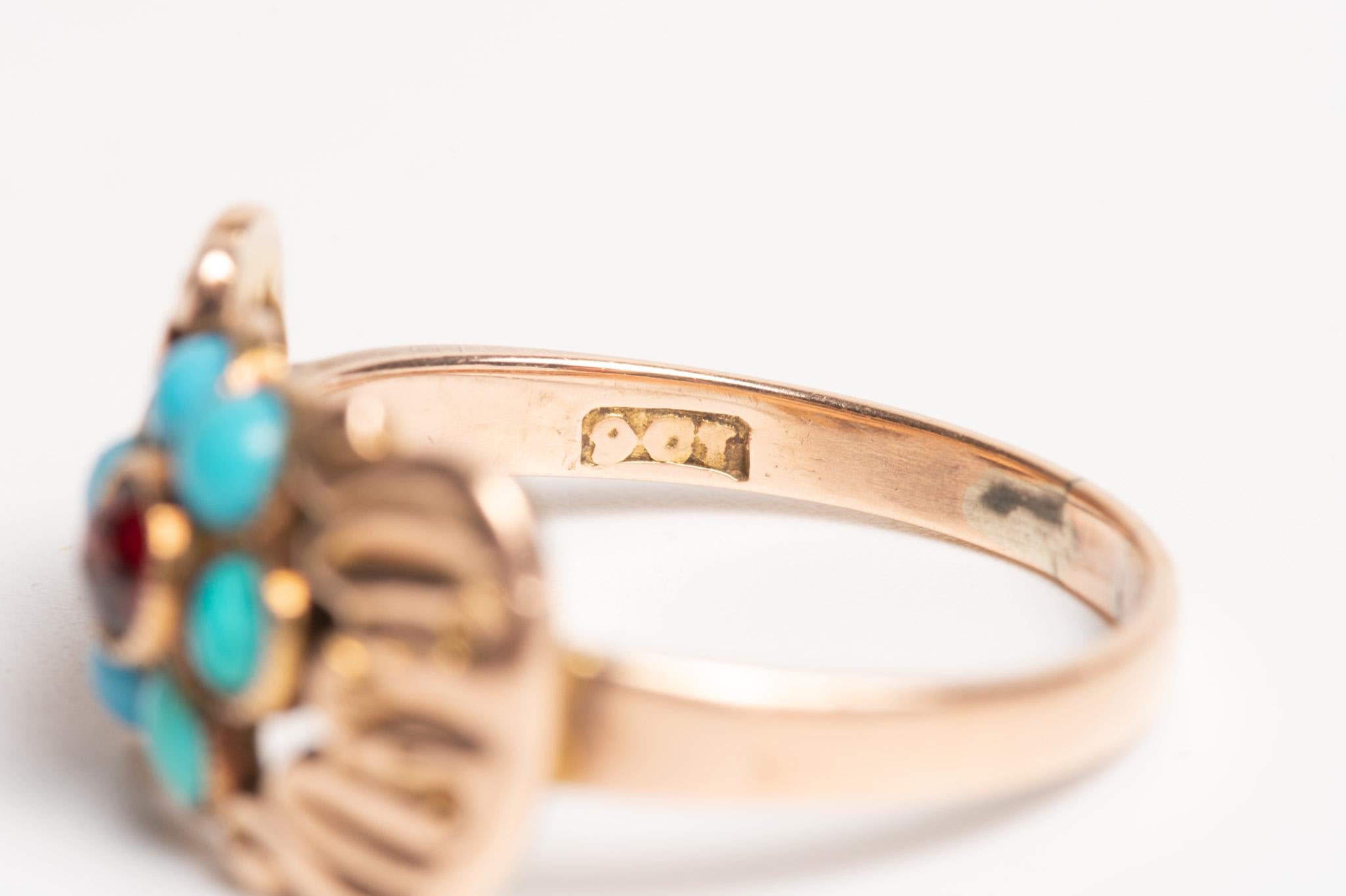 Donna Anello antico in oro 9ct vittoriano con turchese e rubino in vendita