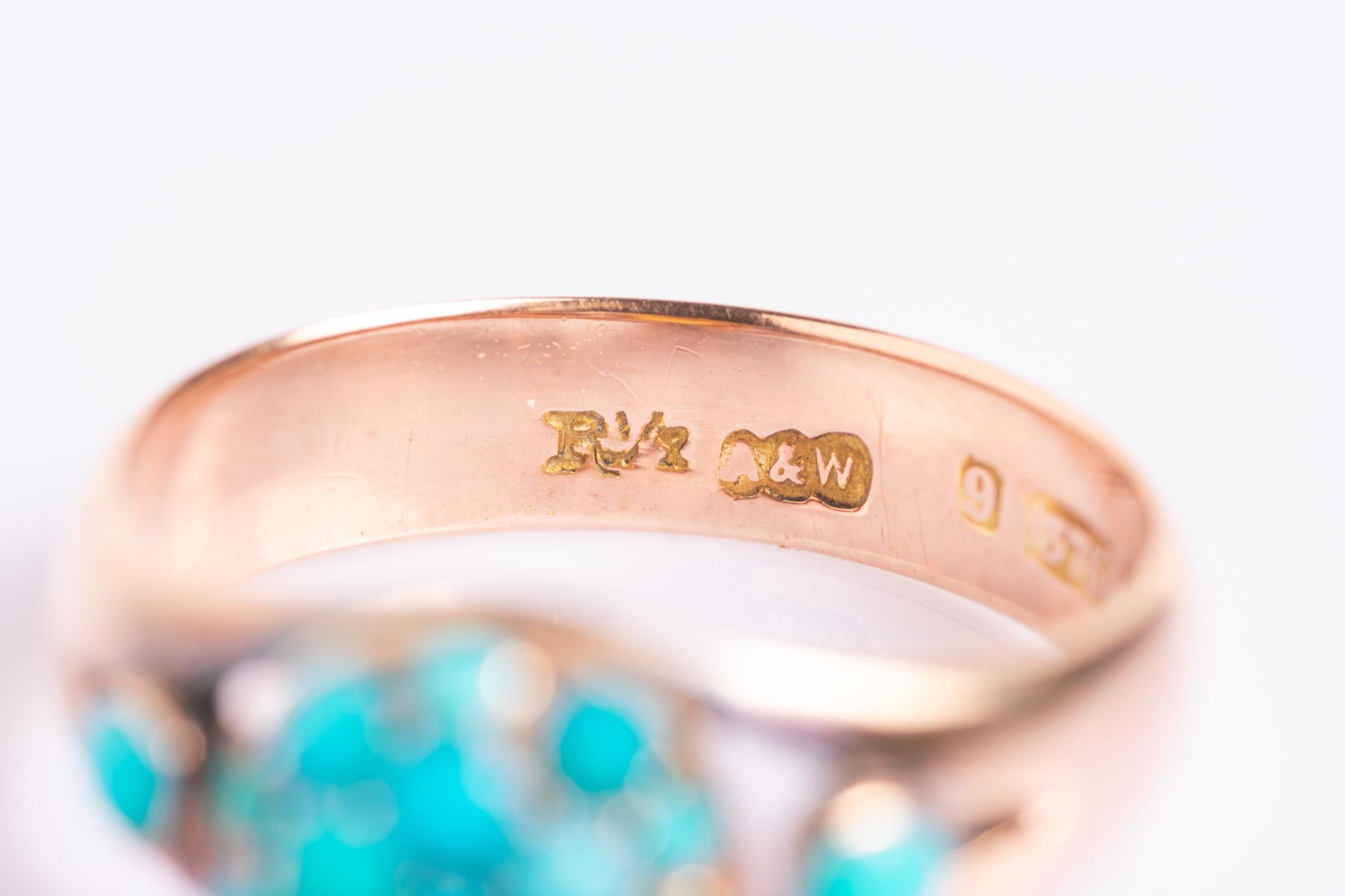 Antiker viktorianischer Türkis-Cluster-Ring aus 9 Karat Gold 5
