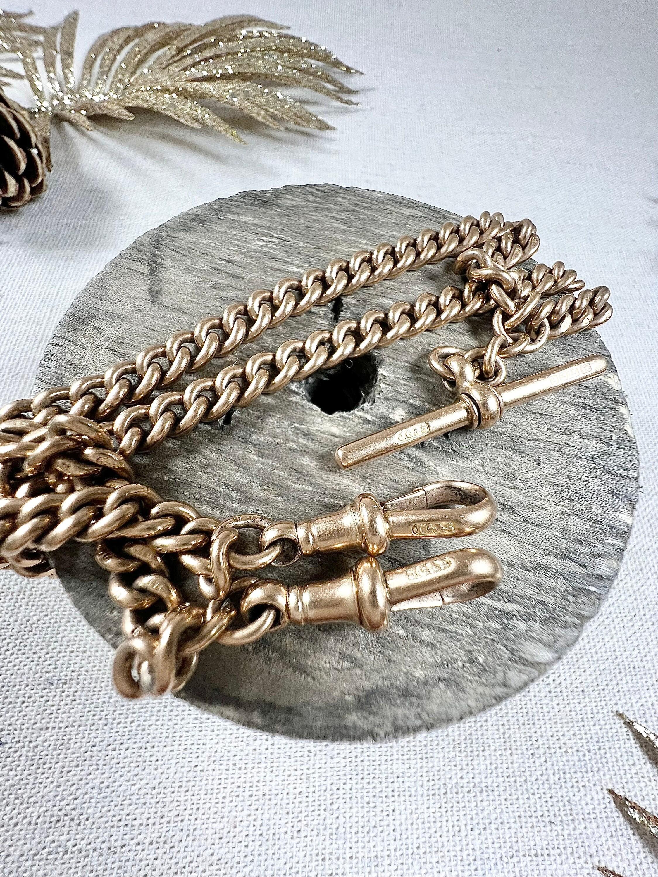 Antique 9ct Rose Gold 161/2 Inch Edwardian Curb Link Albert Watch Chain Necklace In Good Condition For Sale In Brighton, GB