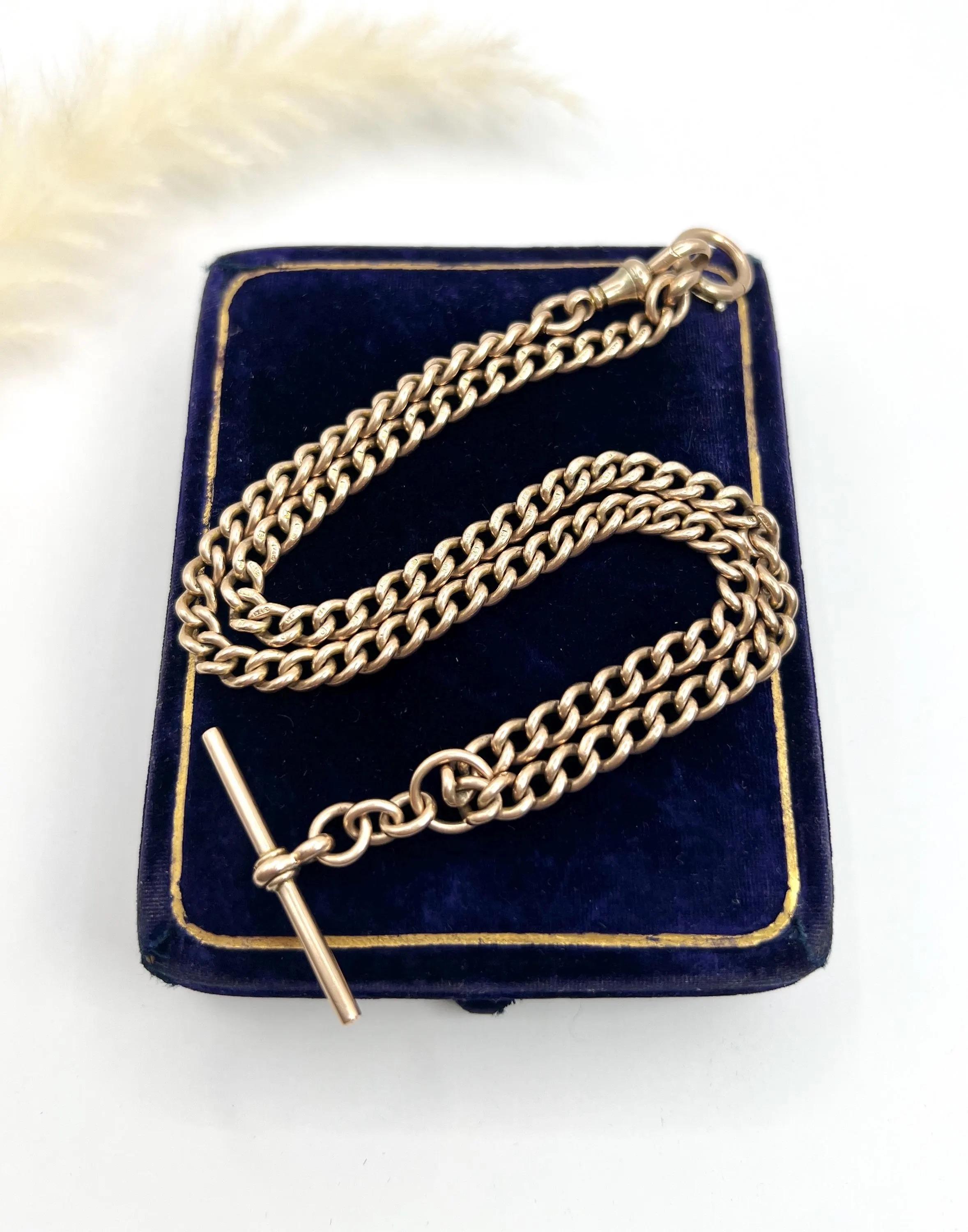 Antique 9ct Rose Gold, 17 Inch Curb Link Albert Chain, Watch Chain Necklace In Good Condition In Brighton, GB