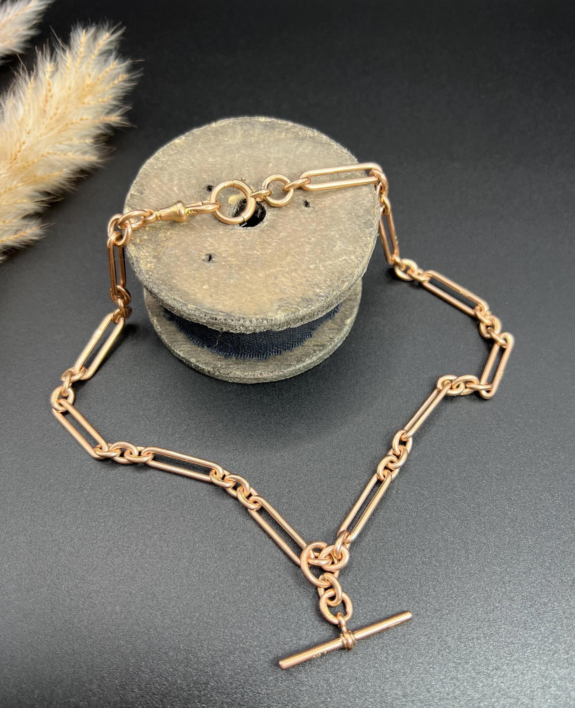 Edwardian Antique 9ct Rose Gold, 17 Inch Fancy Trombone Fetter Link Albert Chain
