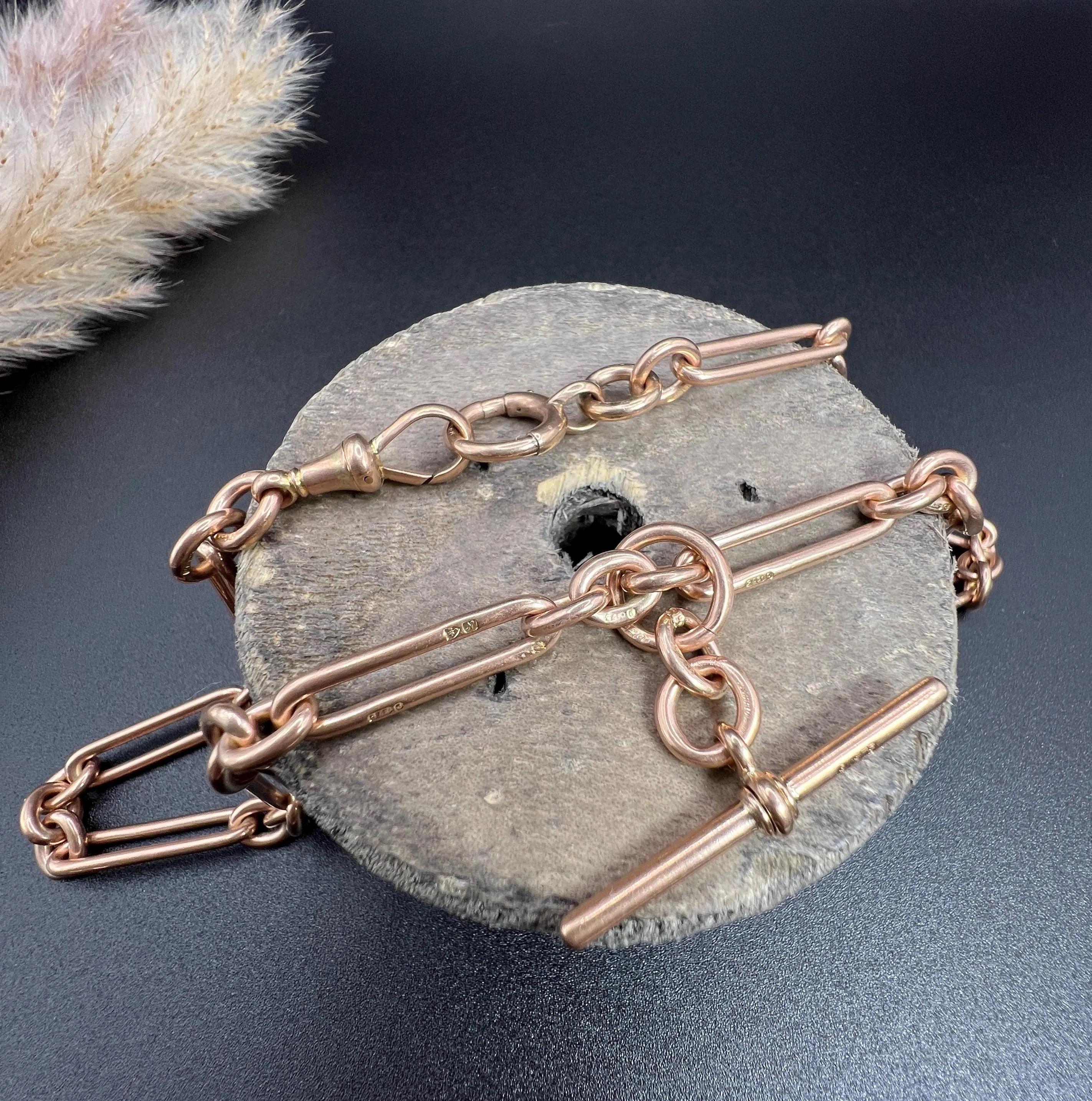 Antique 9ct Rose Gold, 17 Inch Fancy Trombone Fetter Link Albert Chain In Good Condition In Brighton, GB