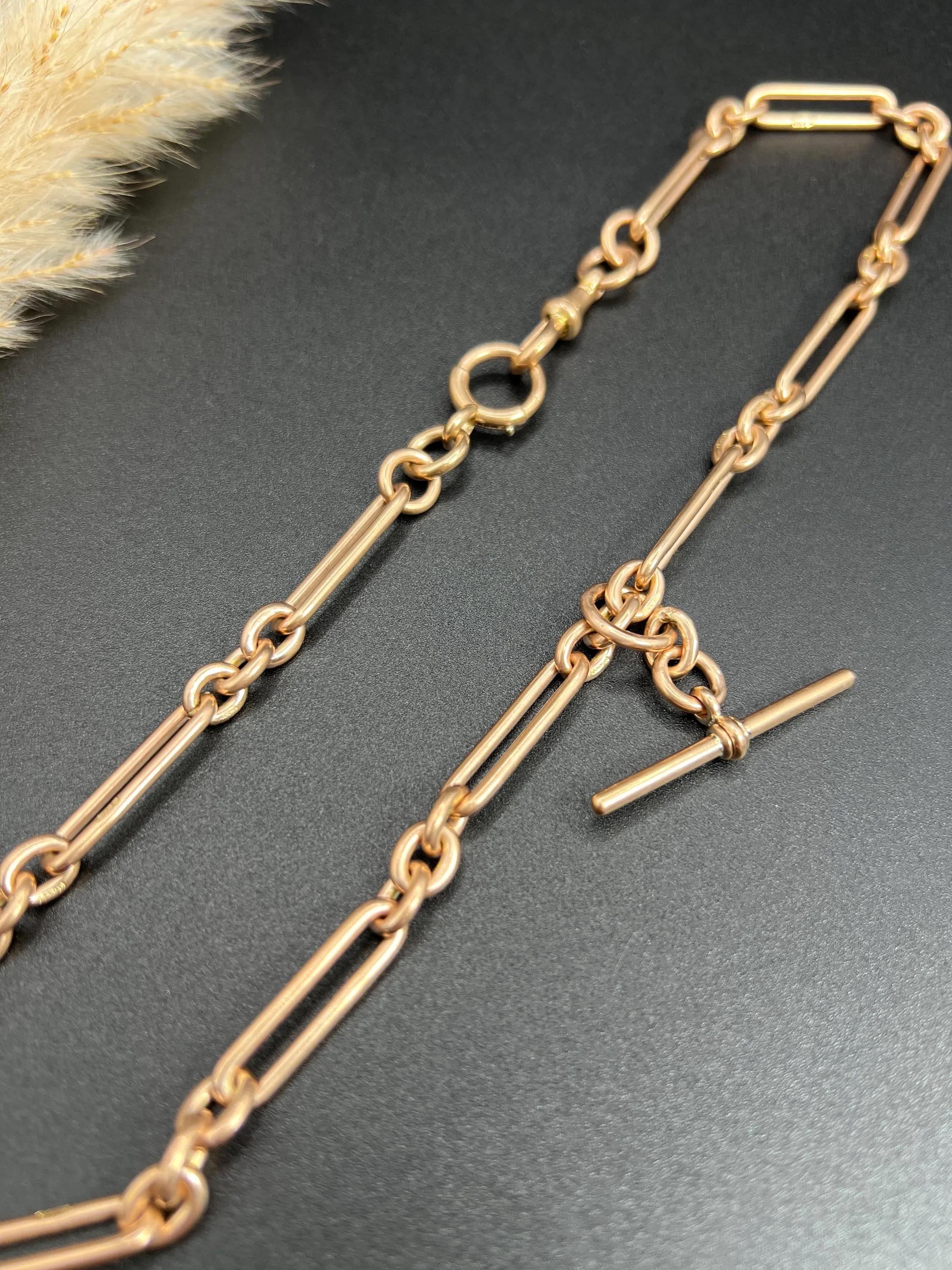 Antique 9ct Rose Gold, 17 Inch Fancy Trombone Fetter Link Albert Chain 1