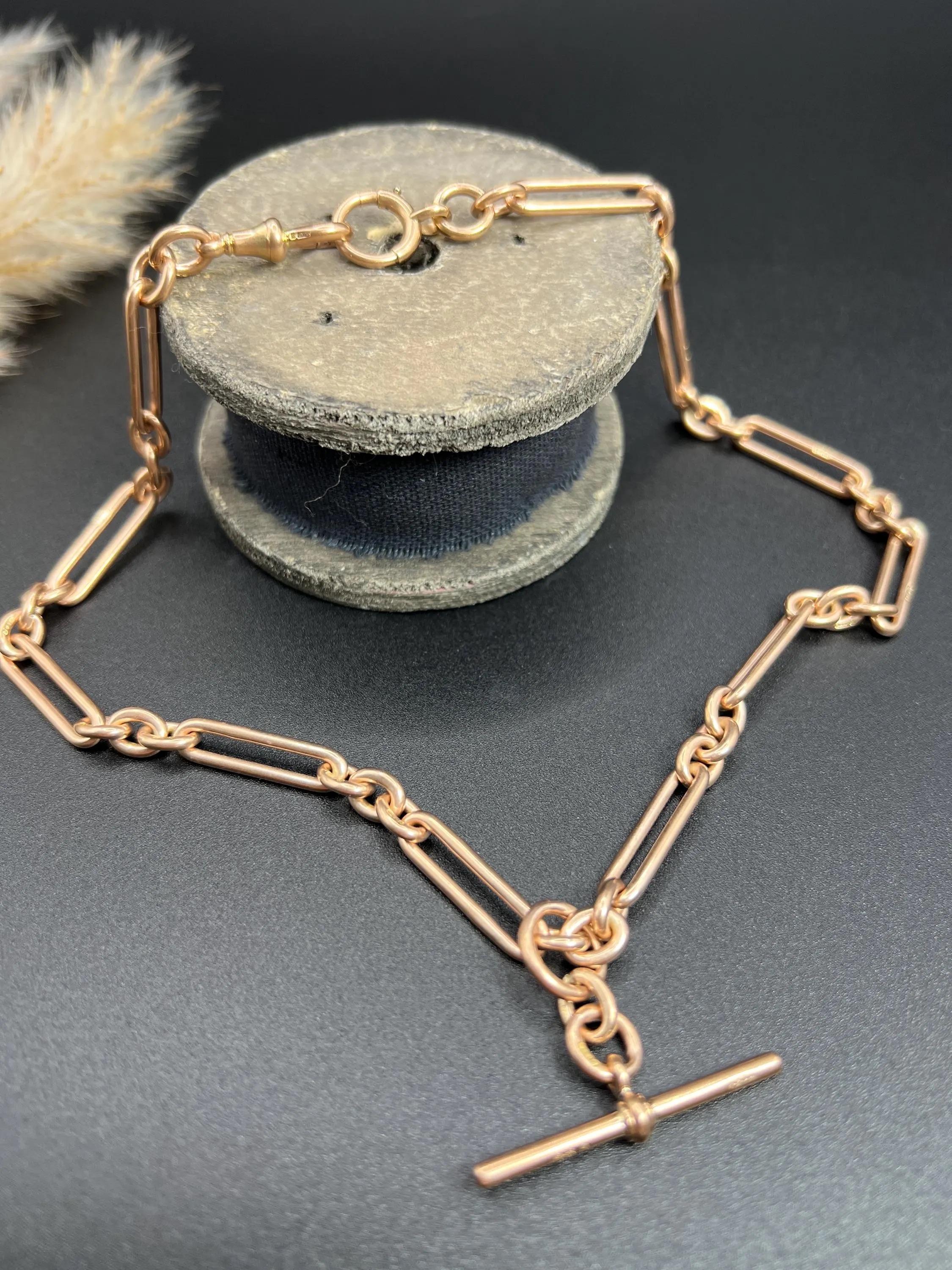 Antique 9ct Rose Gold, 17 Inch Fancy Trombone Fetter Link Albert Chain 4