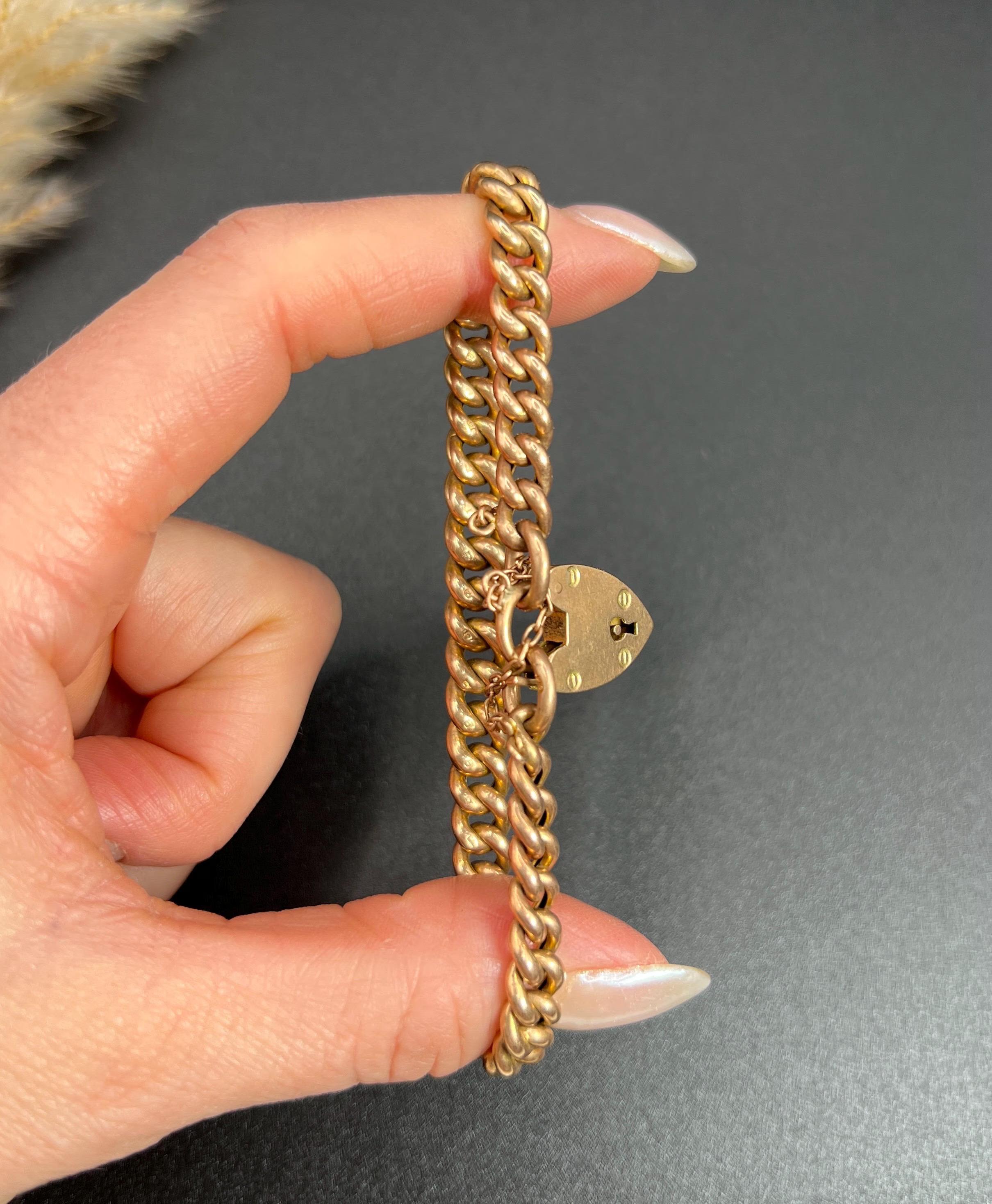 Women's or Men's Antique 9ct Rose Gold, 1920s Curb Link Bracelet with Heart Padlock Clasp For Sale