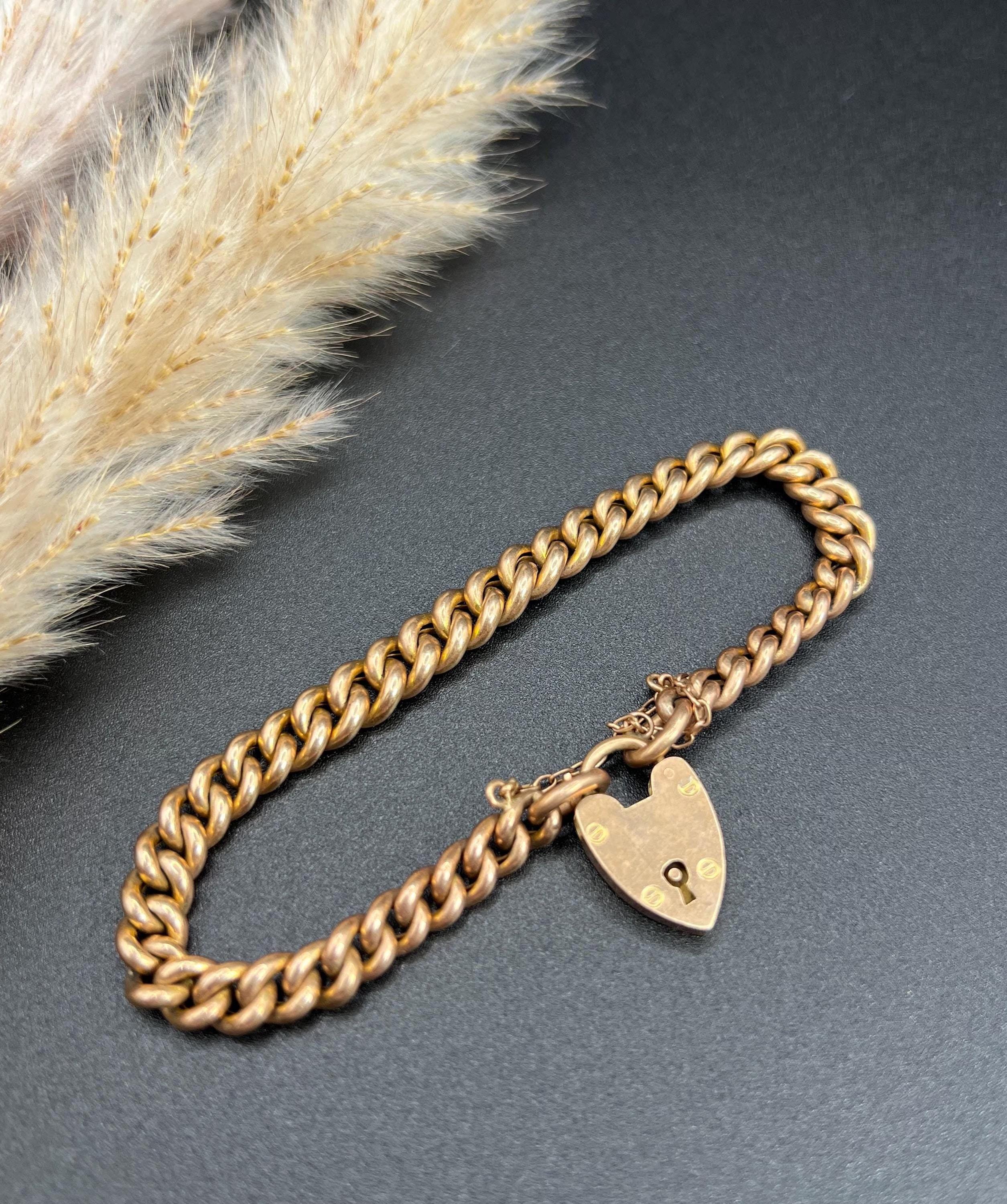 Antique 9ct Rose Gold, 1920s Curb Link Bracelet with Heart Padlock Clasp For Sale 1